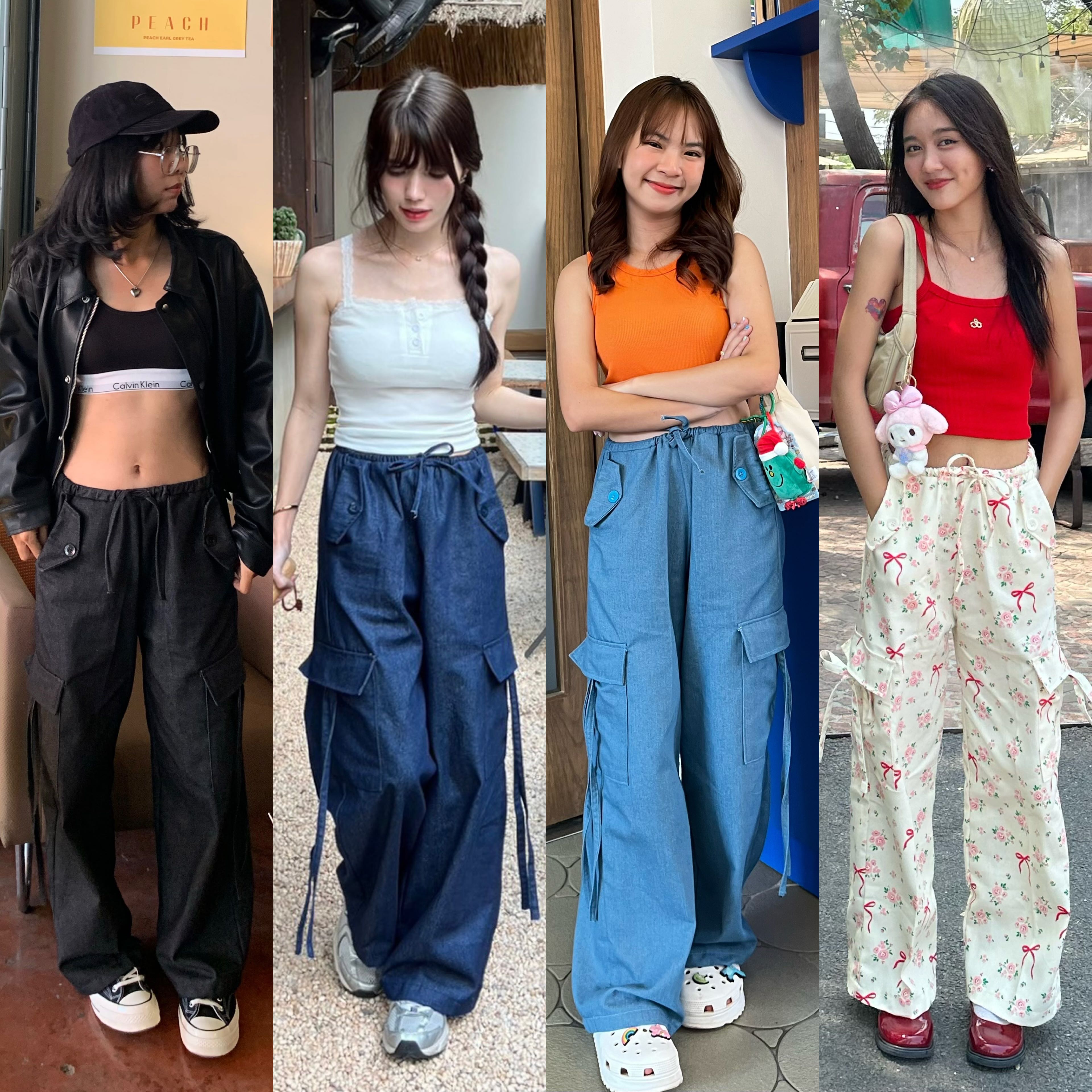150cm y2k ผ้ายีนส์ กางเกงคาร์โก้ เอวยางยืด เชือกผูก 4กระเป๋า [playwork.store] (011-y2k)