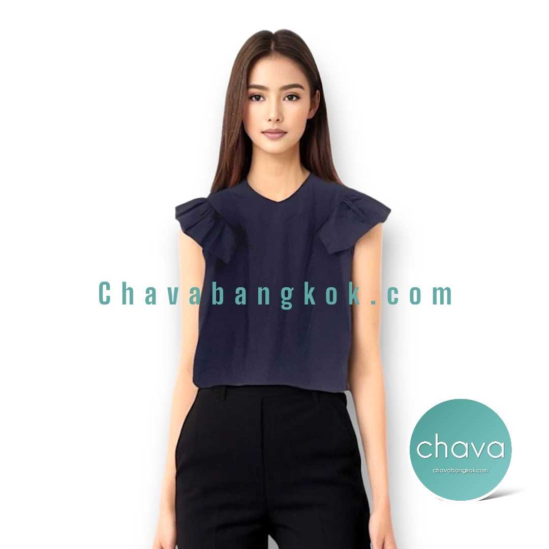 NEW!! เสื้อ Top / BLOUSE (สีดำ) คอวี แขนระบาย กระดุมหลัง