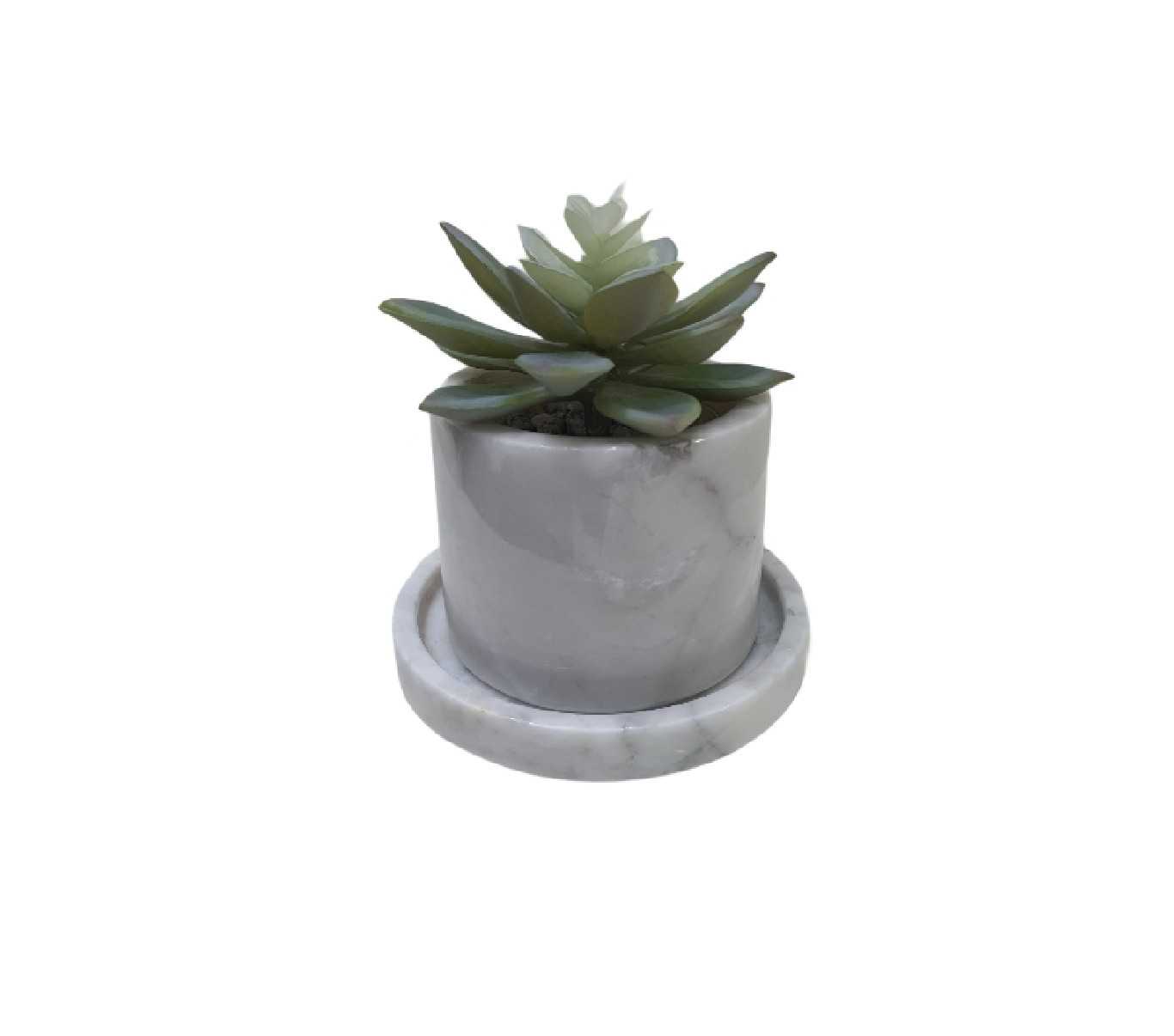 Plant Pot + Plate, Marble, White, S