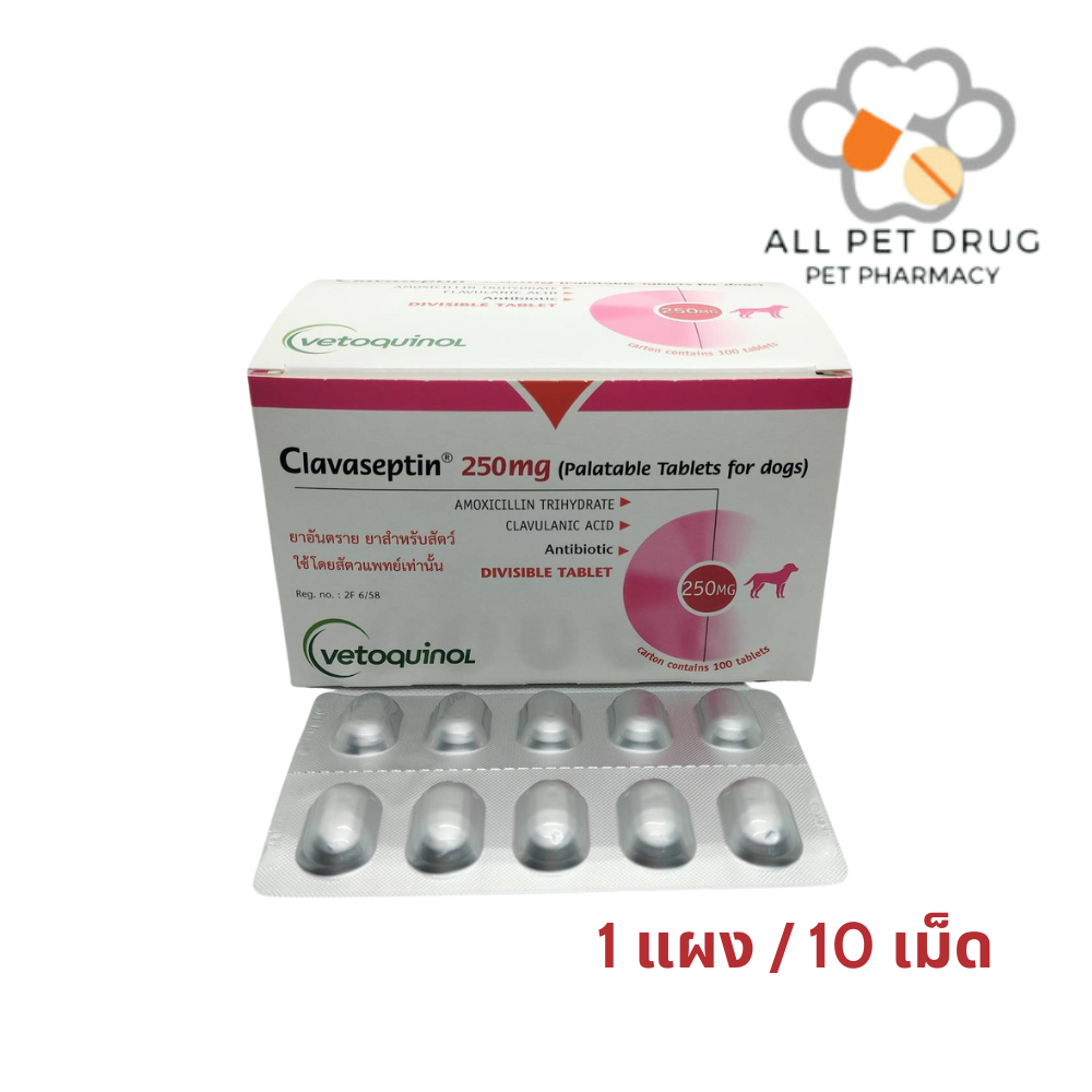 Clavaseptin 250 mg คลาเซ็ปติน 250 มิลลิกรัม ลดการติดเชื้อ สุนัขและแมว 1 แผง 10 เม็ด