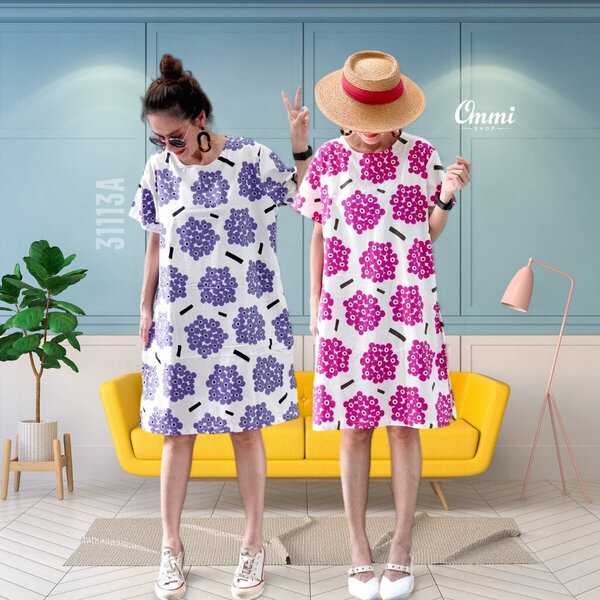 Ommishop 31113A ชุดเดรสแฟชั่น คอกลมแขนสั้น กระโปรงทรงเอ ลายดอกอะจิไซ Cotton Japan 100% (Bonus)[31...
