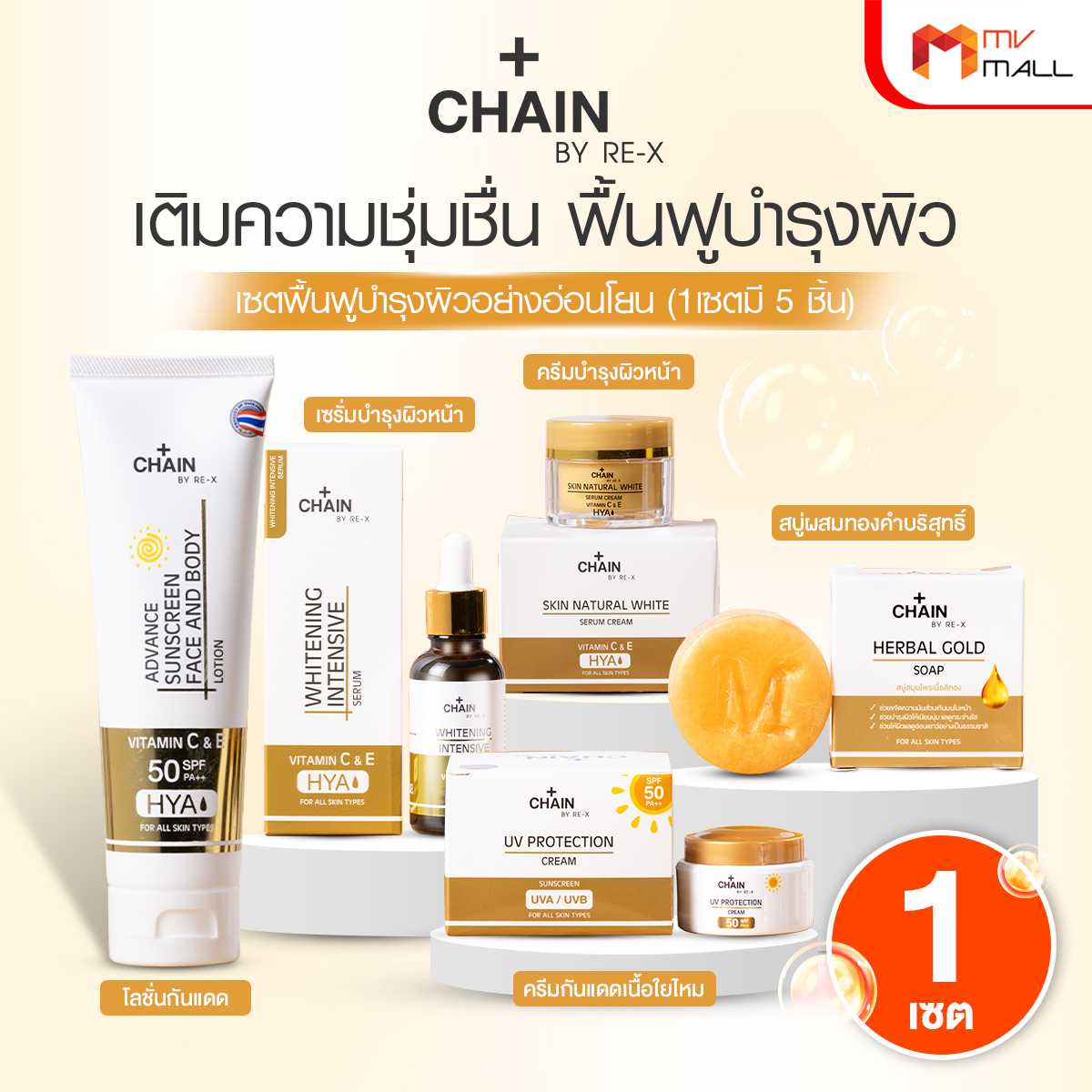 Chain By RE-X เซตย้อนวัยผิว ได้ทั้งสบู่ + ครีม + เซรั่ม + ครีมกันแดด + โลชั่นกันแดด