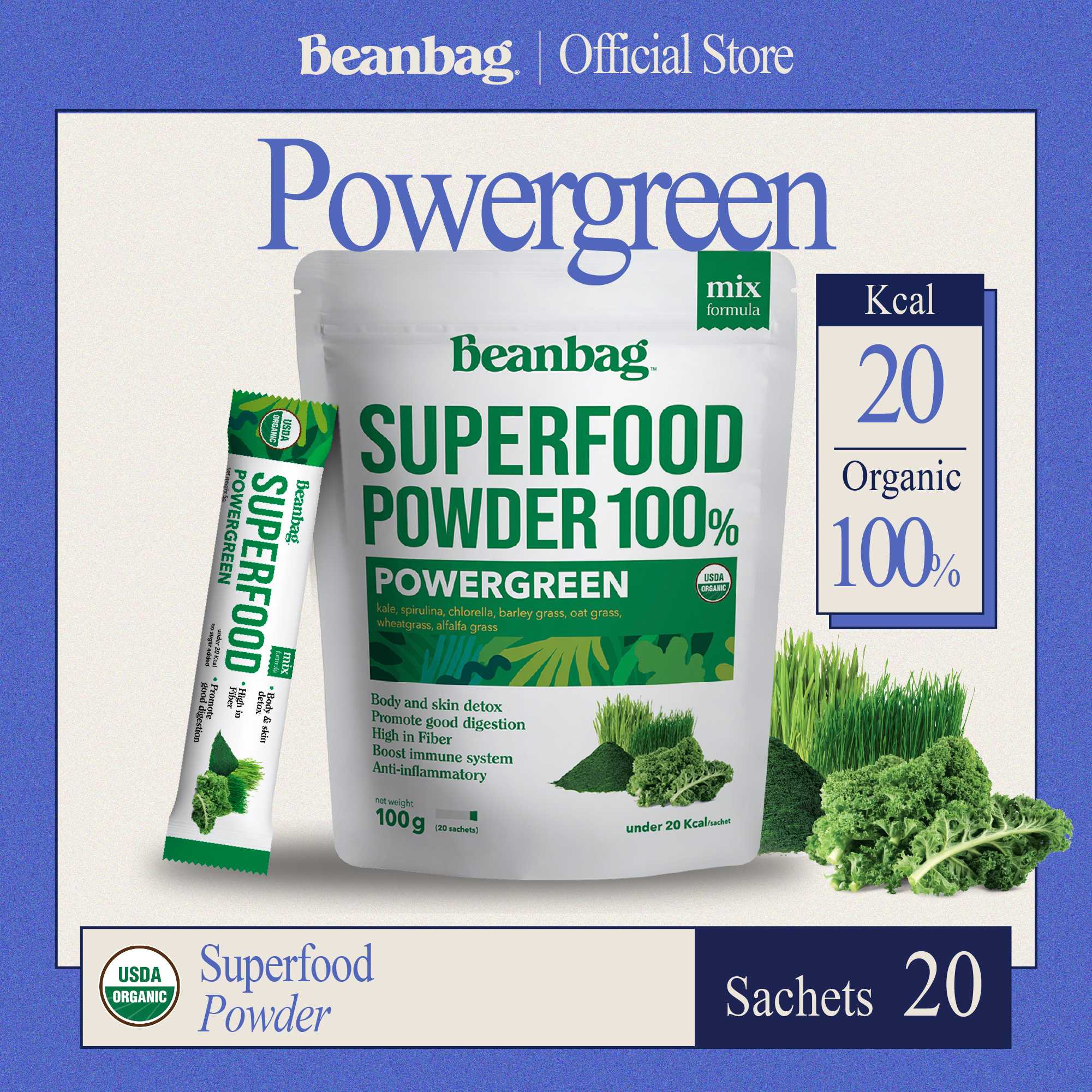 ORGANIC POWERGREEN (100g.) ผงผักใบเขียวรวม 7 ชนิด ออร์แกนิค