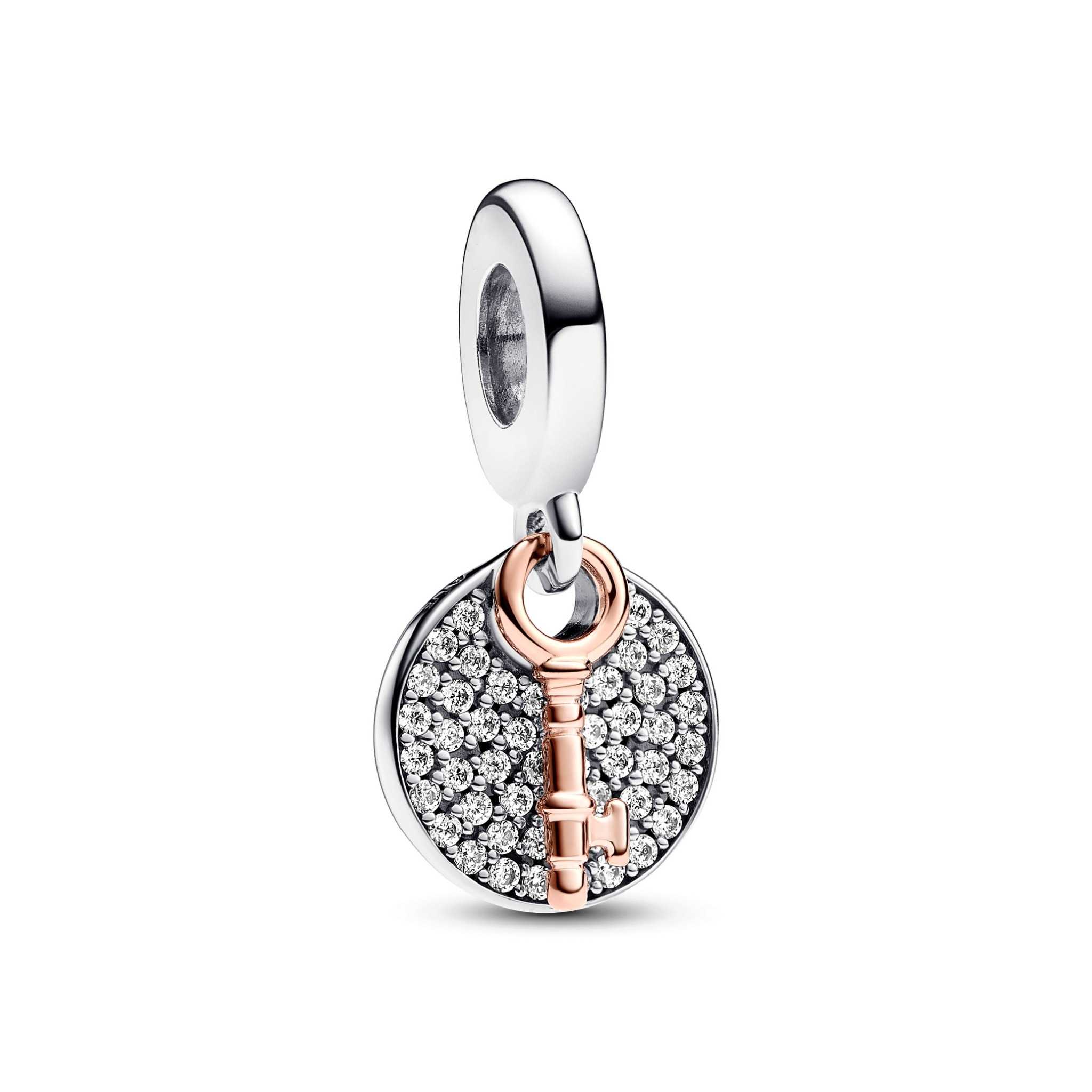 Key sterling silver and 14k rose gold-plated double dangle with clear cubic zirconia