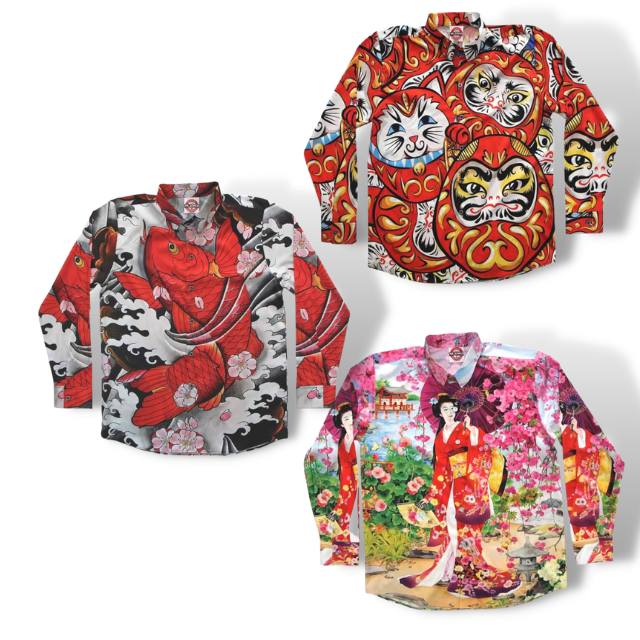 เสื้อเชิ้ตแขนยาวปกเชิ้ตลายแฟชั่น ผ้าPremium Grade ต่อลายเป๊ะพิมพ์เต็มหน้าหลัง ส่งฟรี