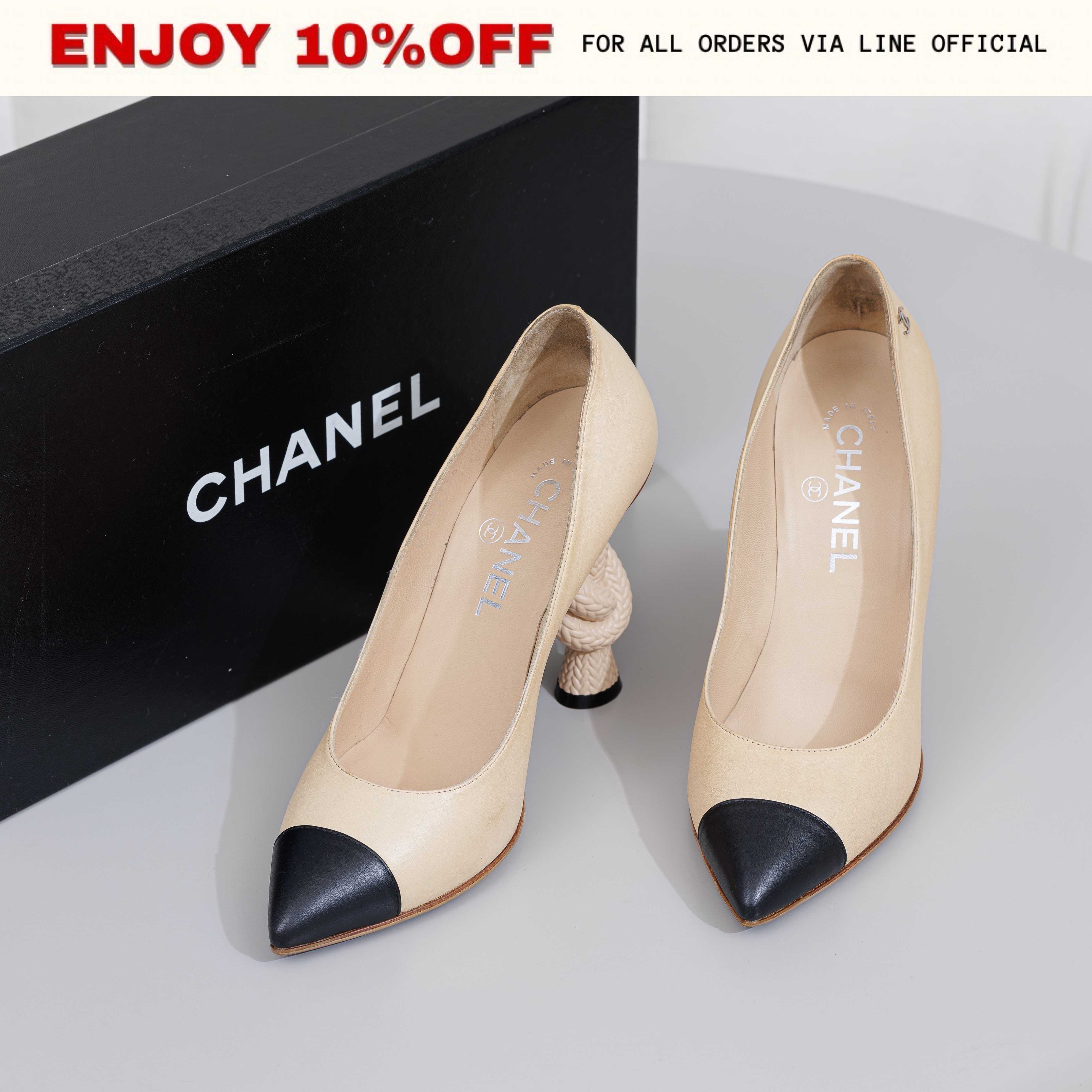 📍USED📍CHANEL Knot Heel Pumps 100MM สี Beige & Black | Shoes