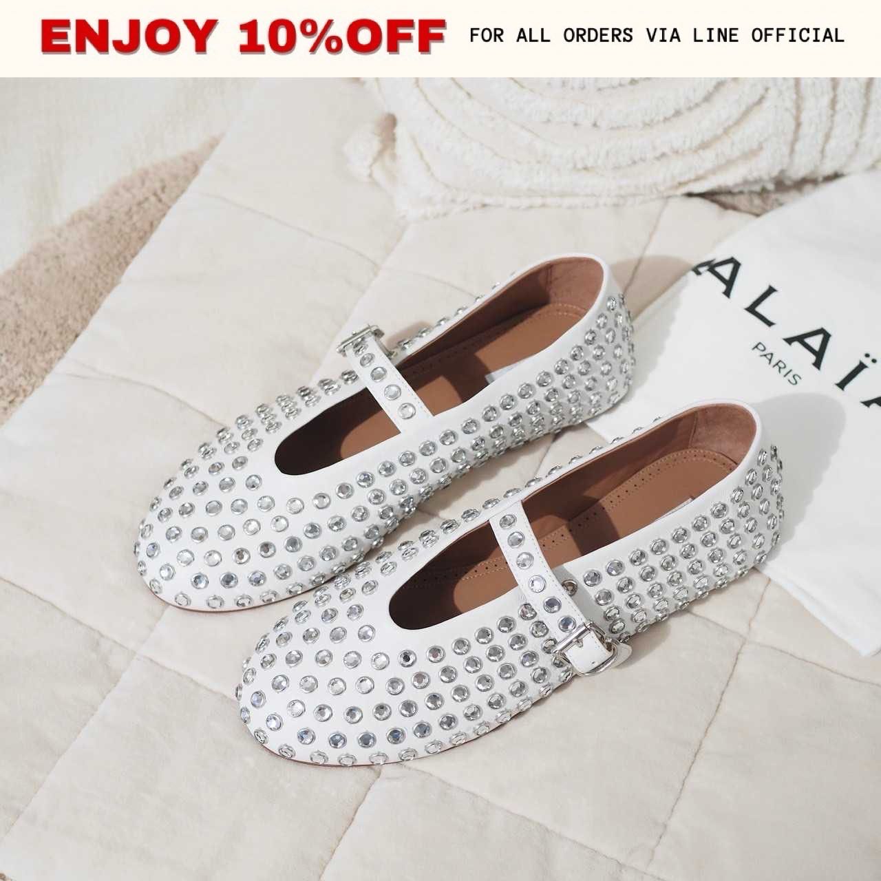 NEW! ALAIA Strass Lambskin Ballet Flats สี White | Shoes