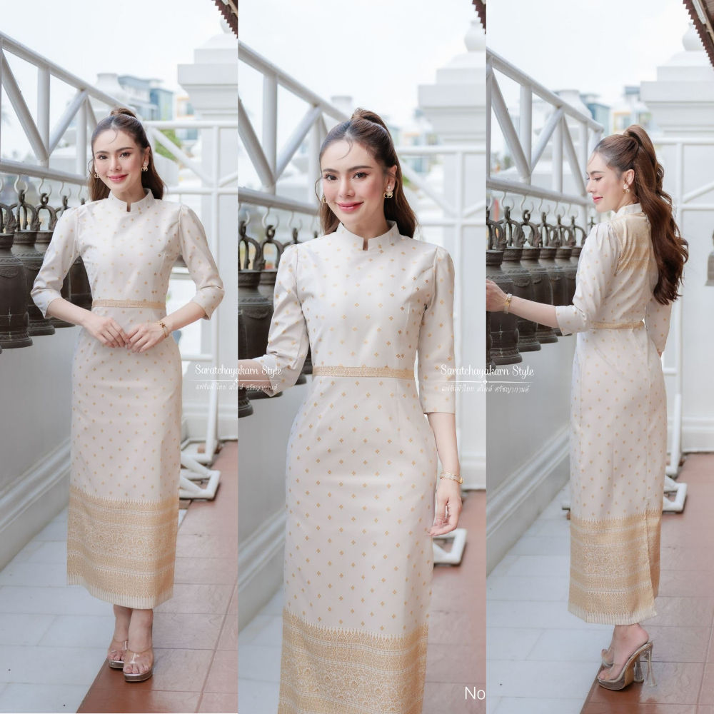 ชุดเดรสผ้าไทย ทรงจิตรดา ผ้าทอลายปักทอง ทองนูน ขอบเอวทอง คอจีน แขนยาวศอก ผ่าหลัง ใส่ไปงานบุญสวยสุดๆ