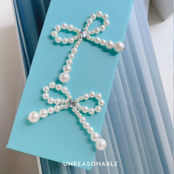 ต่างหูโบว์ มุกแก้ว Glass Pearl ต่างหูคลิป ต่างหูก้านเงินแท้ UA0937-01 Unreasonable Accessories