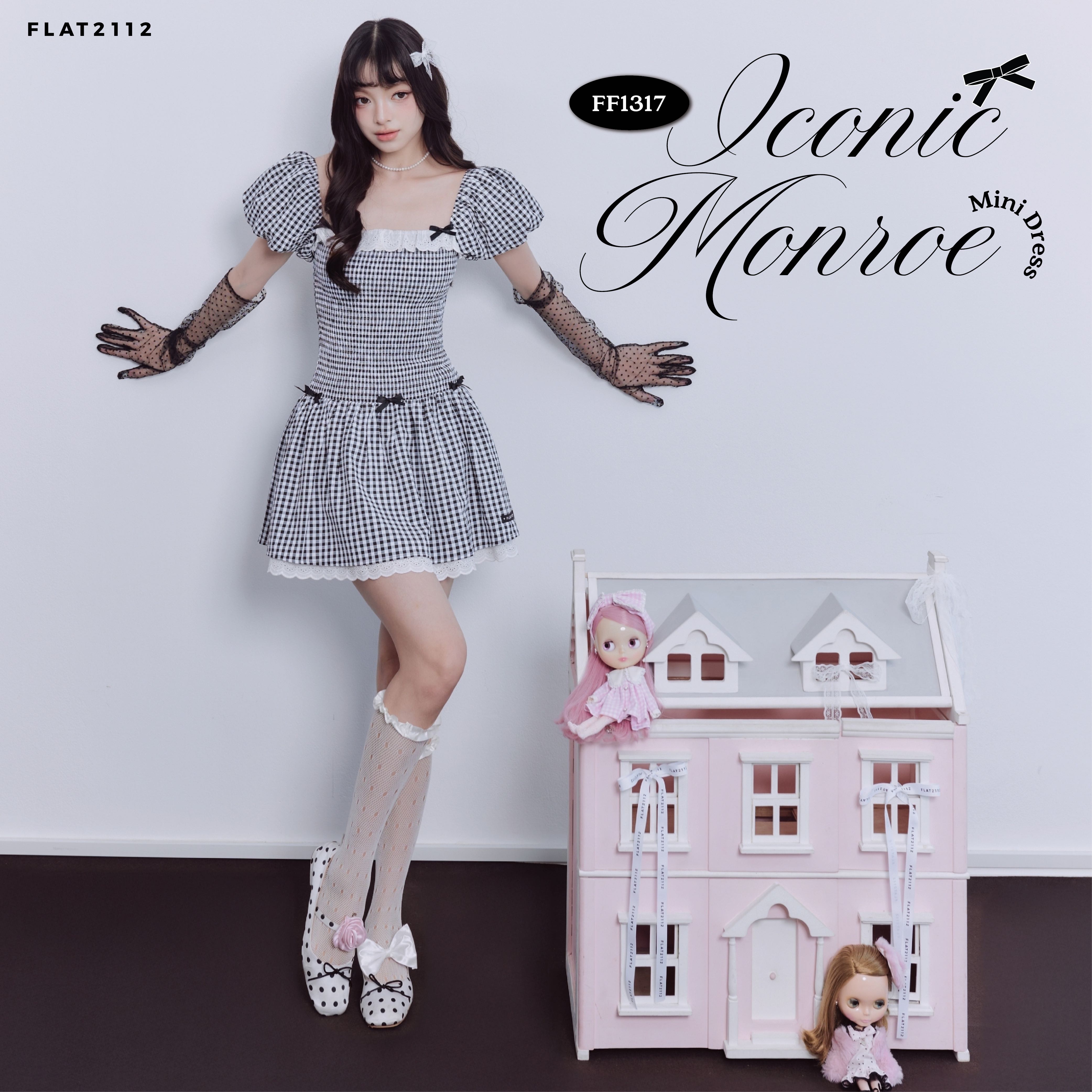 FLAT2112 : ICONIC MONROE MINI DRESS เดรสสั้นลายสก็อตขาวดำ สไตล์ลูกคุณหนูแต่งลูกไม้และโบว์ (FF1317)