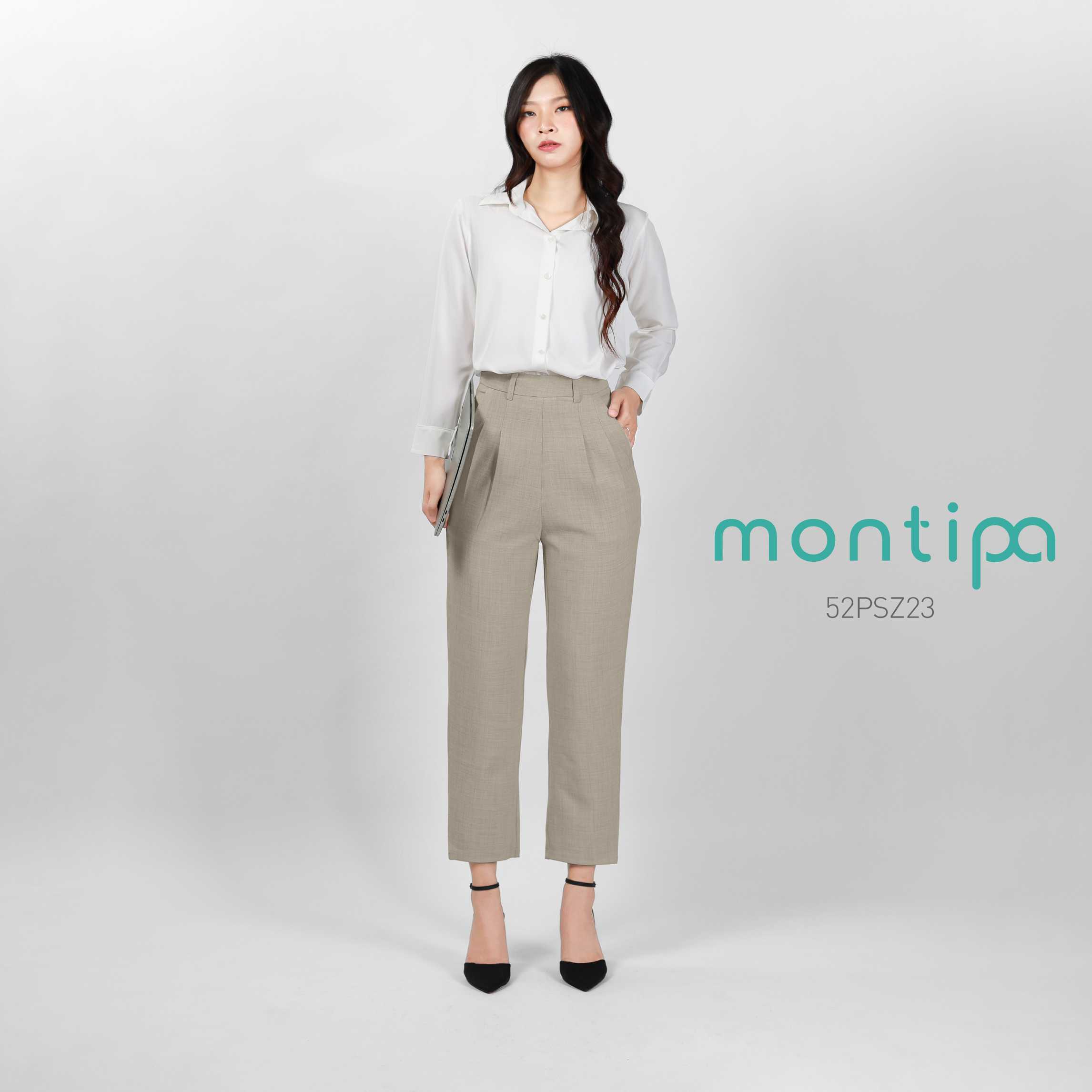 Montipa กางเกงทรงสอบ ซิปด้านข้าง ดีเทลจีบหน้า ผ้า Comfort 52PSZ23