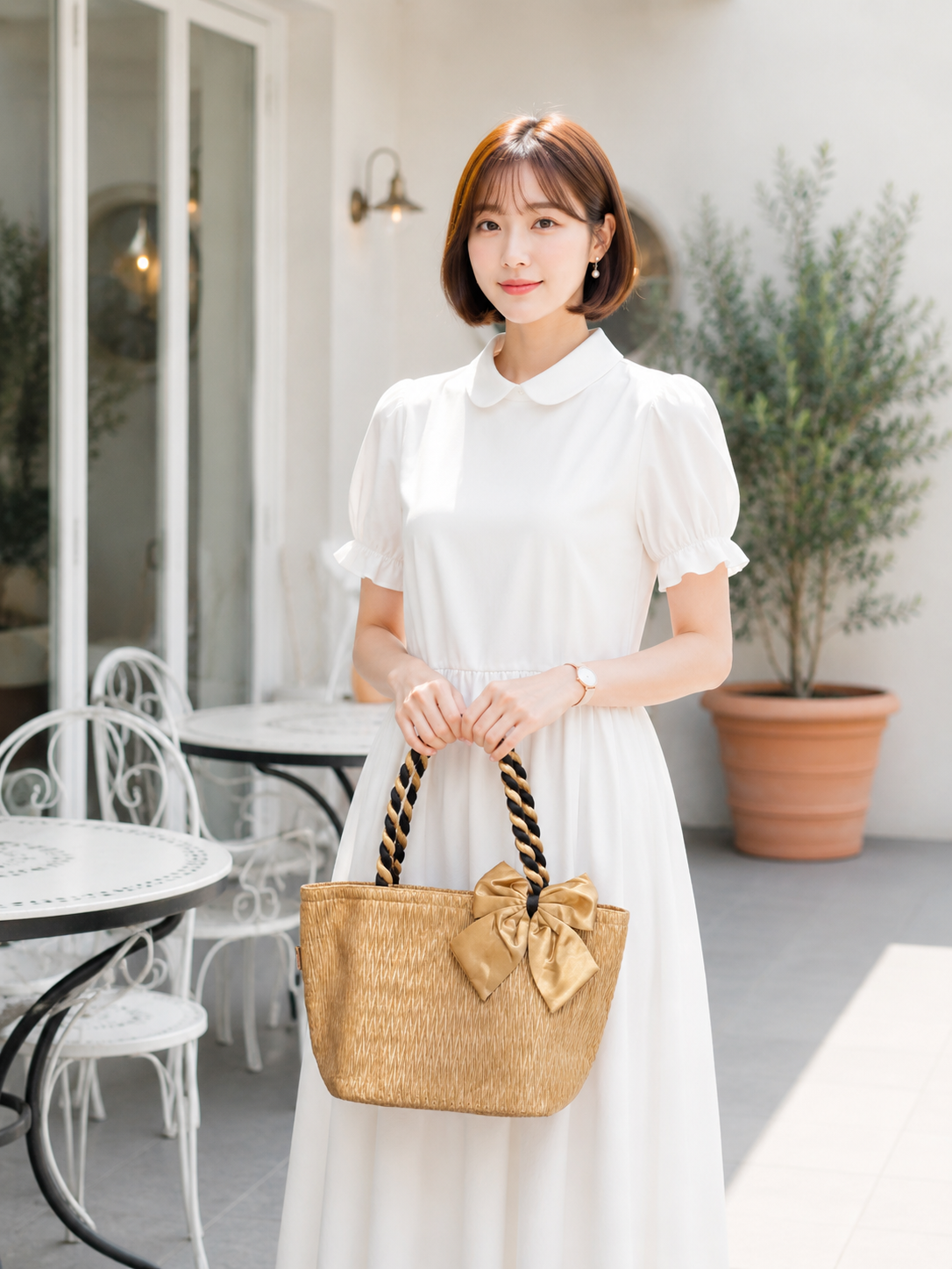 กระเป๋าผ้าซาตินอัดพลีท หูเกรียว สีทอง โบว์ข้าง