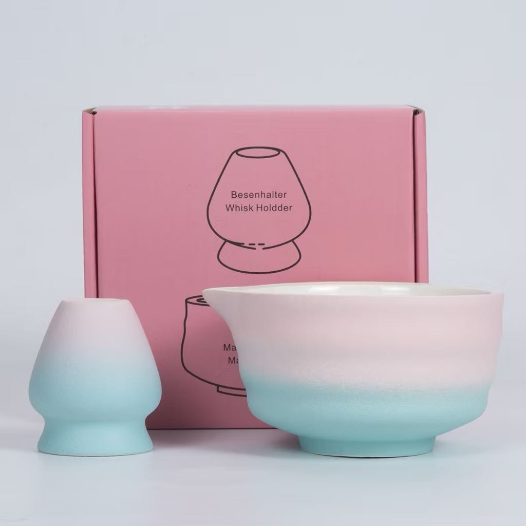 🍵𝑪𝒉𝒂𝒘𝒂𝒏 : PASTEL 🩵🩷💚💙 เซตชามชงมัทฉะ & แท่นวางแปรง  สีพาสเทล  ทางปากบาน