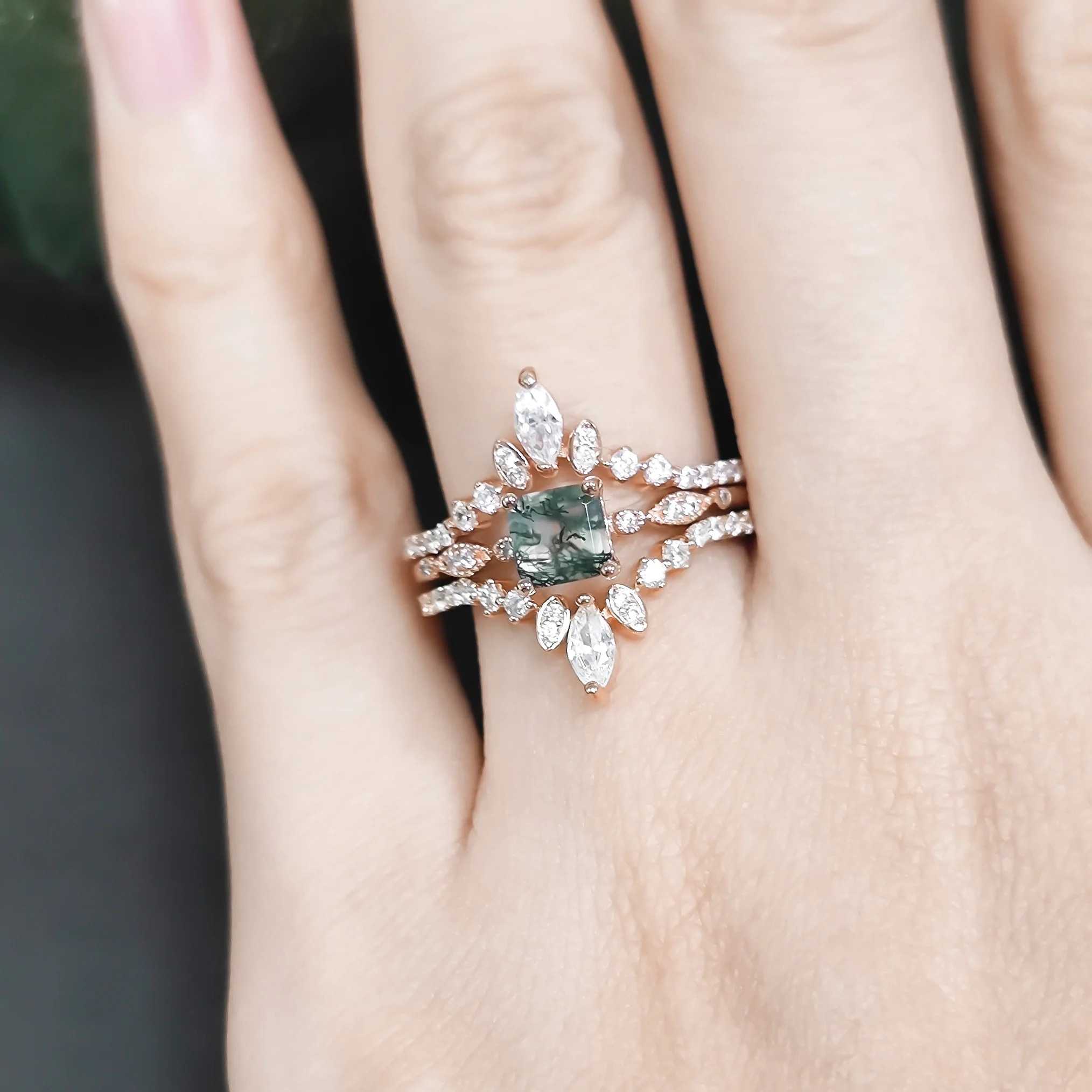 triple moss green agate stack diamond ring
