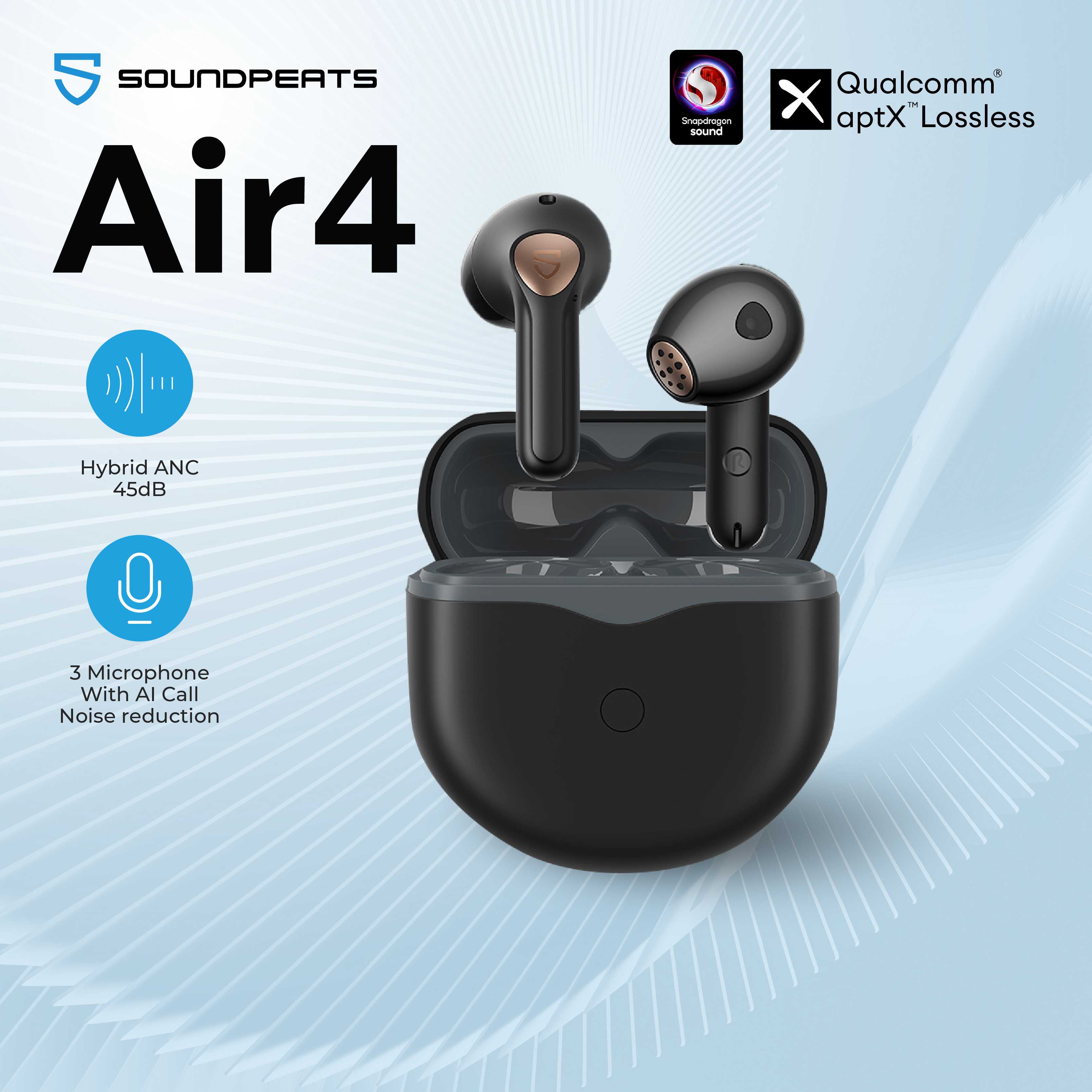 SoundPEATS Air4 Black หูฟังไร้สาย หูฟังบลูทูธ Bluetooth 5.3 aptX™ Lossless ANC (45dB) 6 Mics