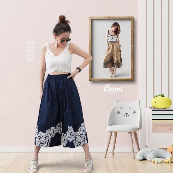 Ommishop 03555 กางเกงแฟชั่น เนื้อผ้าเวสปอร์ย ทรงกระโปรงกางเกงขาสามส่วนบาน (PUP)
