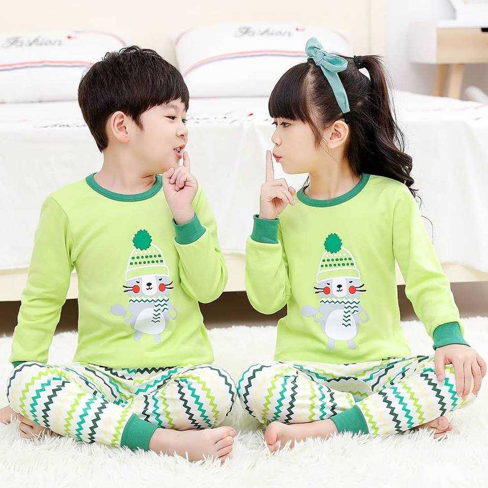 K122 ชุดนอนเด็กสไตส์เกาหลี ลายกระต่ายสีเขียว ผ้านิ่มใส่สบาย ลายน่ารัก 100% COTTON