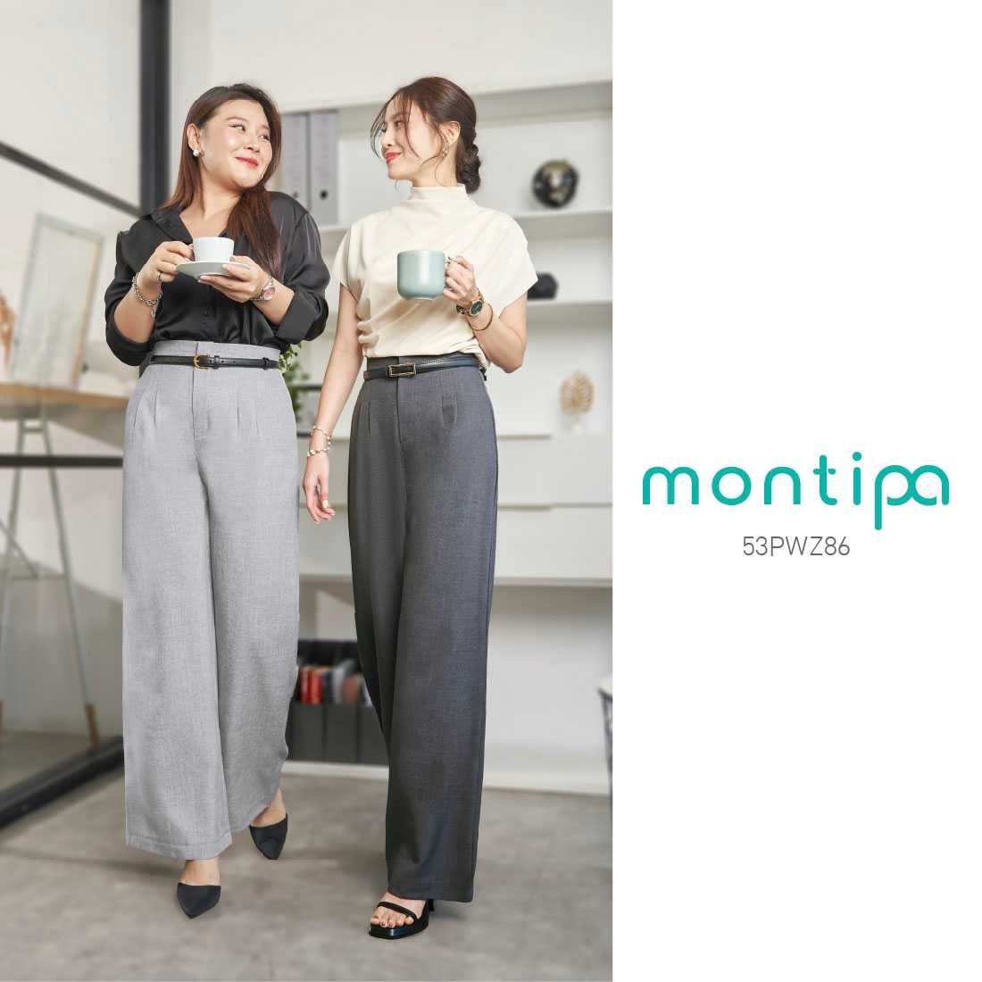 Montipa กางเกงทรงกระบอกใหญ่ ซิปตะขอหน้า แต่งจีบหน้า ผ้า Comfort 53PWZ86