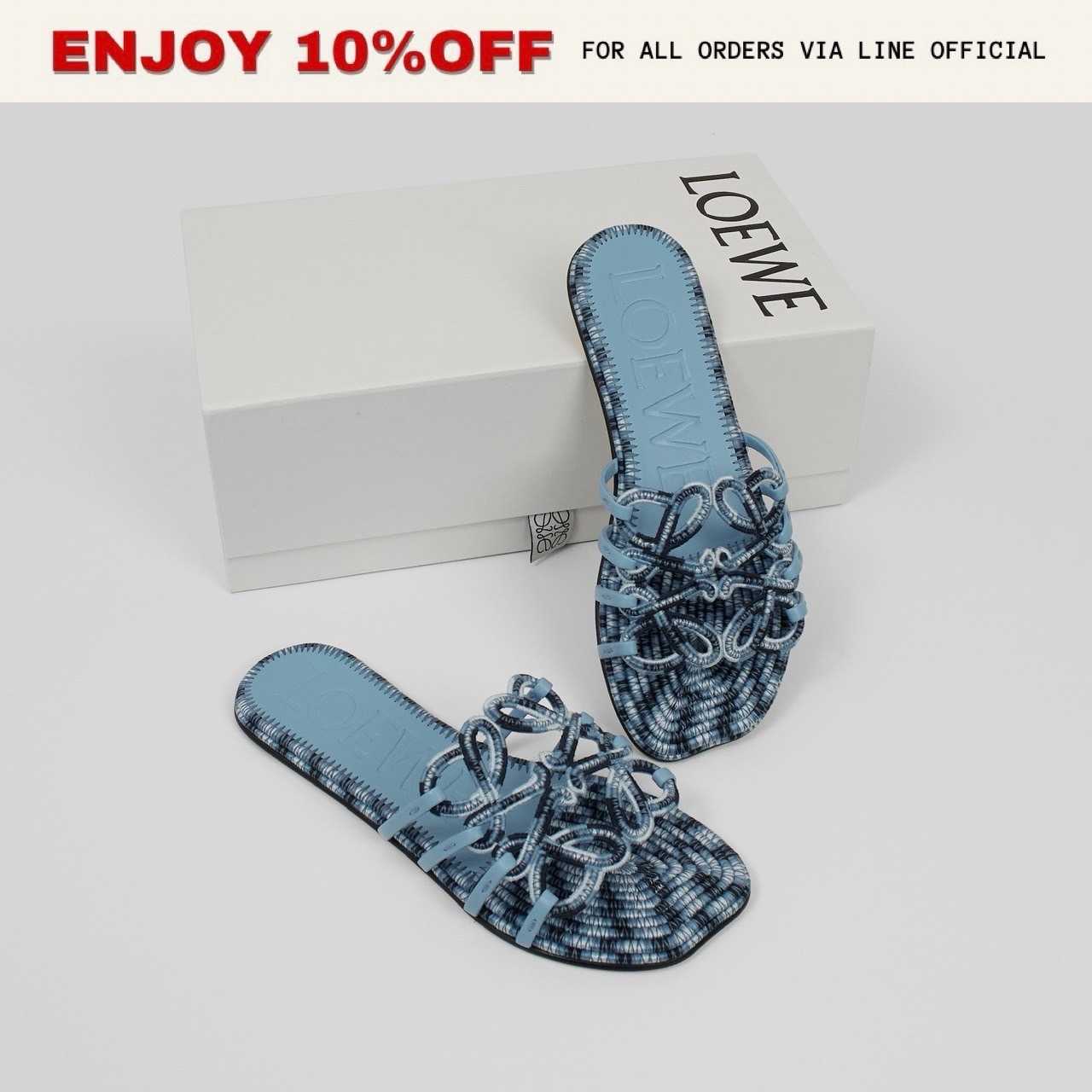 NEW! LOEWE Petal Anagram Slide In Embroidered Canvas สี Baby Blue | Shoes