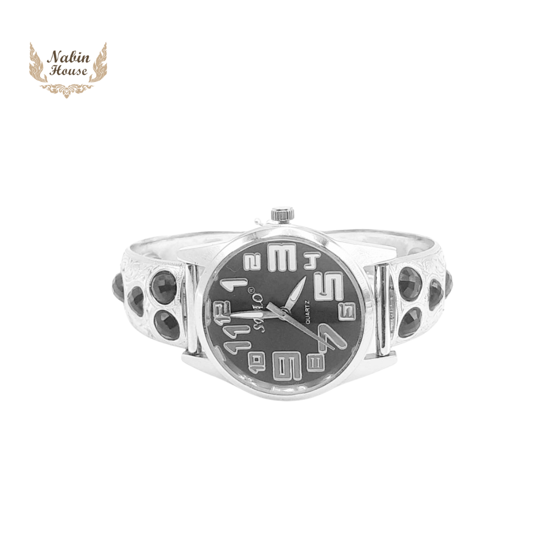 กำไลนาฬิกา Quartz ตกแต่งนิลสายเงินแท้