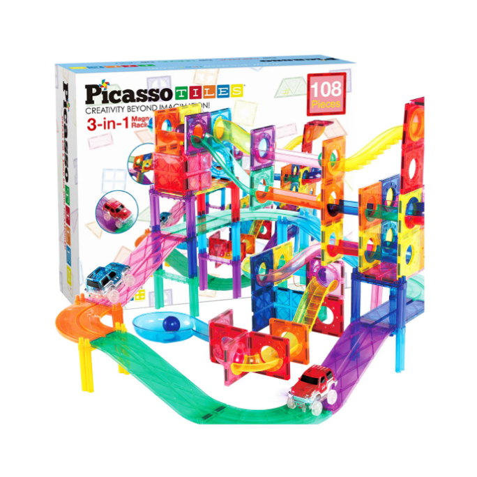 PicassoTiles 108 Pc 2-in-1 Magnetic Tile, Marble Run and Racing Track Building Toy