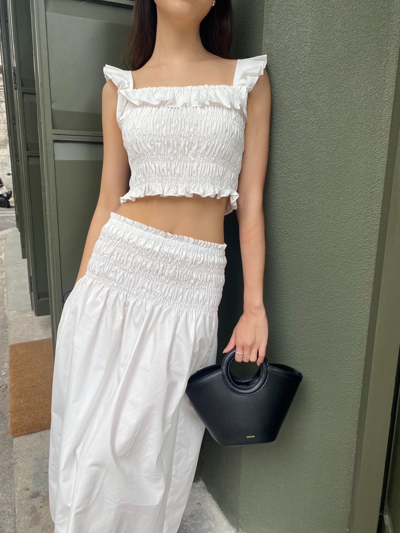 RUFFLED TOP SMOCKED SET (WHITE)