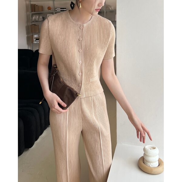 2MUAY GJO11052 เสื้อพลีทคุณภาพ THICK SHORT SLEEVE BUTTON FRONT PLEATED TOP 10 สี FREE SIZE