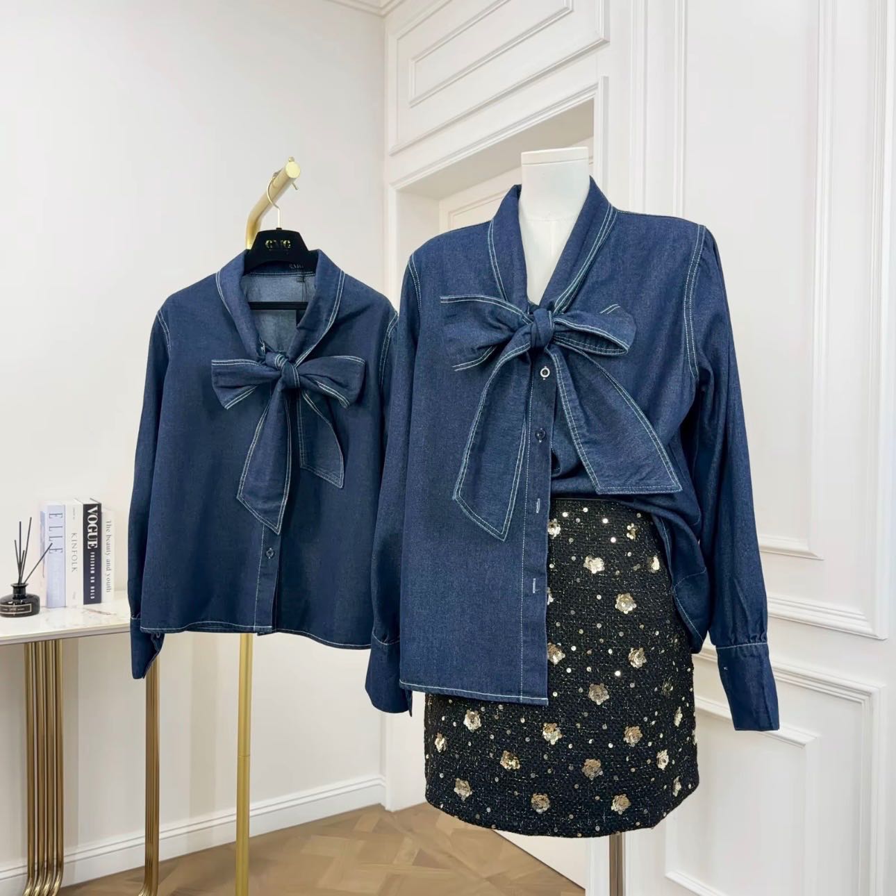 พร้อมส่ง‼️ (GMG57) เสื้อเชิ้ตเดนิมแขนยาว คอวีงานโบว์ Oversize ผ้า Denim Jean ตัดกับด้ายคู่สีขาว ทรงส