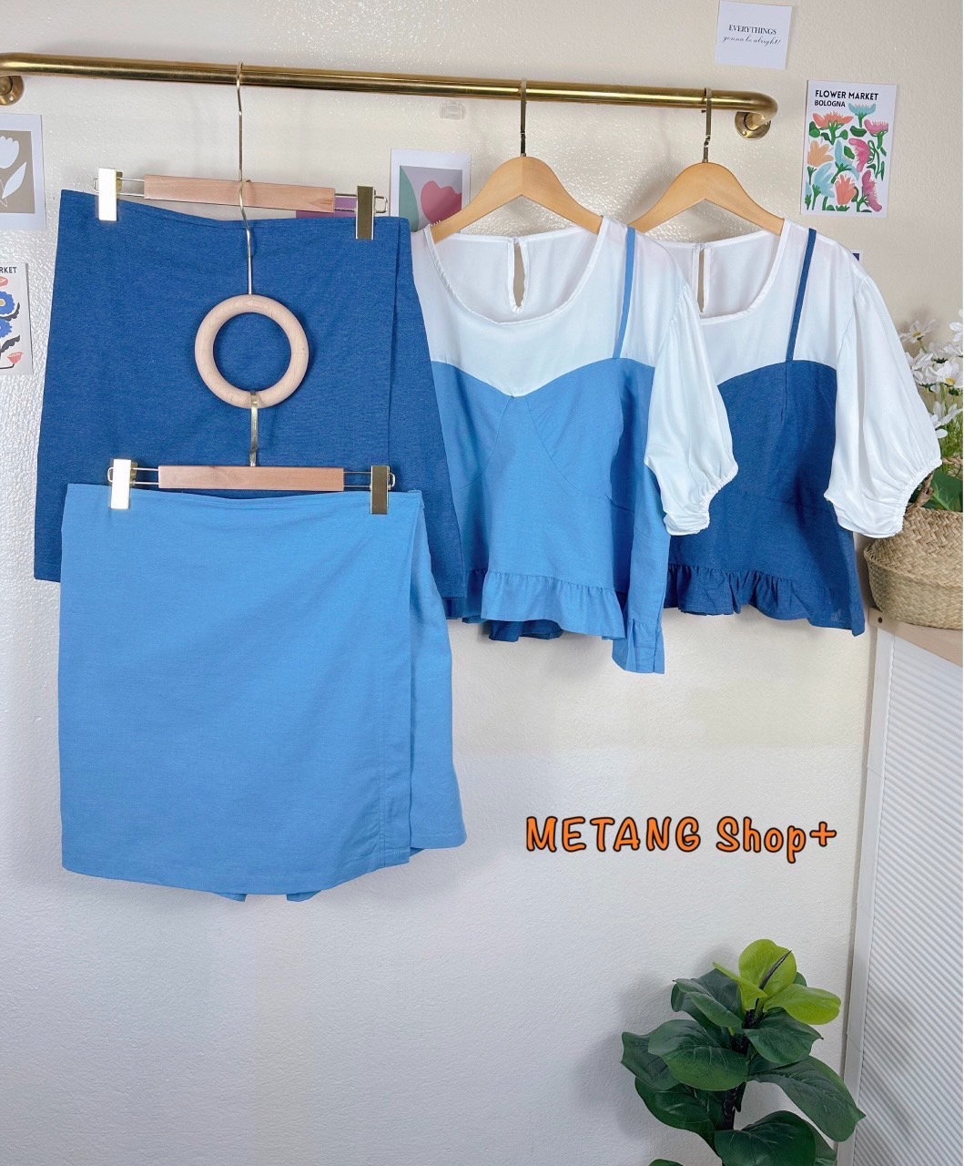 ชุดเซ็ตเสื้อครอปแขนตุ๊กตาทูโทน+กางเกงกระโปรง แต่งยีน