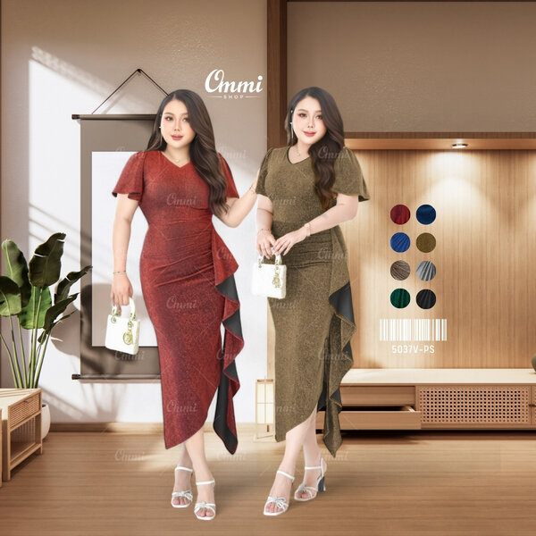 Ommishop ชุดราตรี 5037V-PS คอวีแขนสั้นบาน เดรสออกงาน ชุดงานแต่ง เพื่อนเจ้าสาว งานสาวอวบ Plus Size