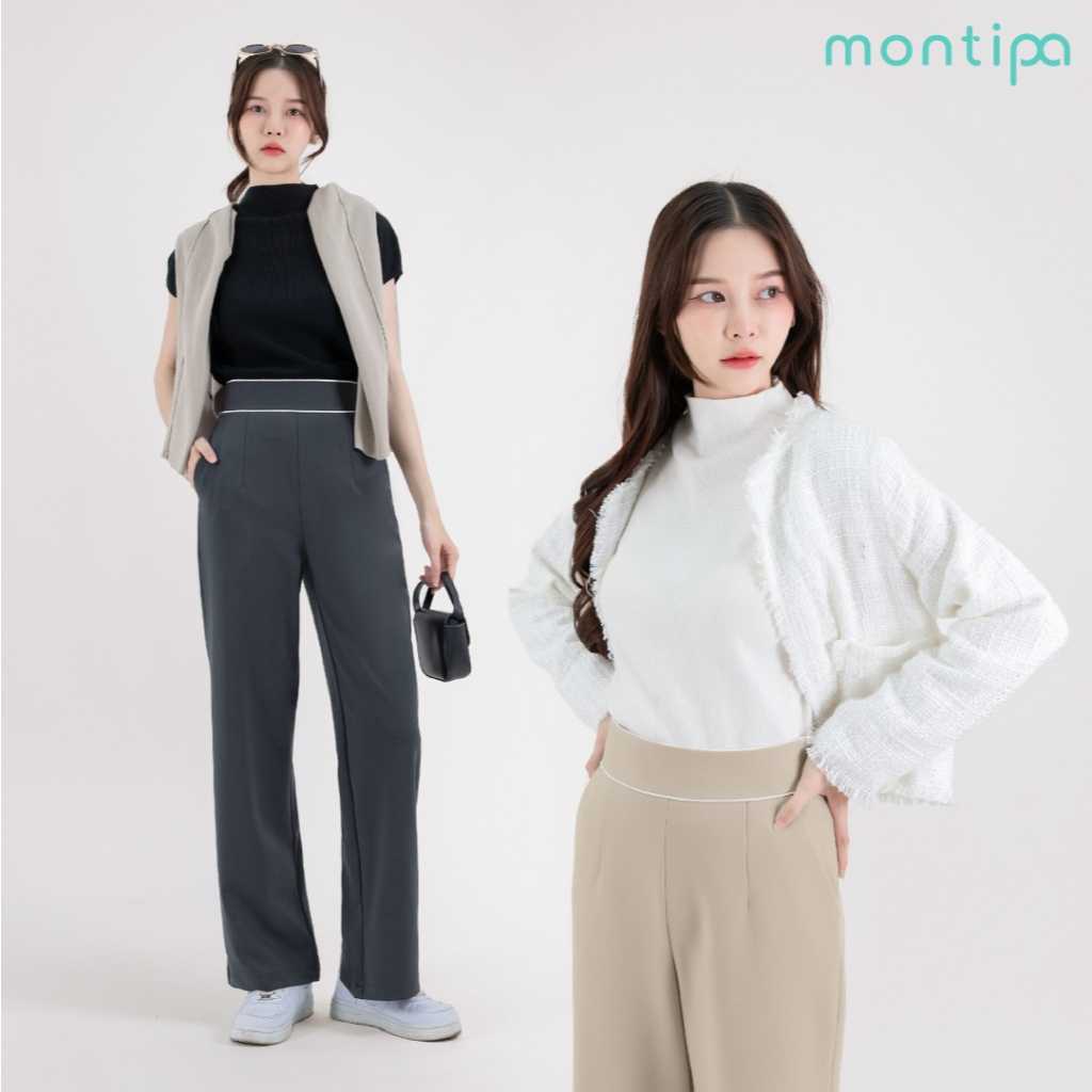 Montipaกางเกงกระบอกกลาง ซิปข้าง ดีเทลแต่งขอบเอว ช่วยทำให้ลุคดูไม่เรียบจนเกินไป  ผ้า Span D 45PWR64