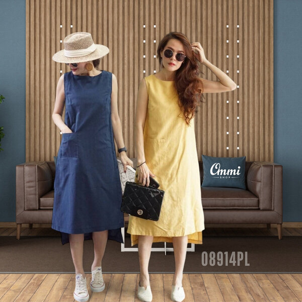 Ommishop 08914PL ชุดเดรสแฟชั่น ผ้าลินิน แต่งกระดุมจริงด้านข้าง ทรงหน้าสั้นหลังยาว (PUP)[08914]