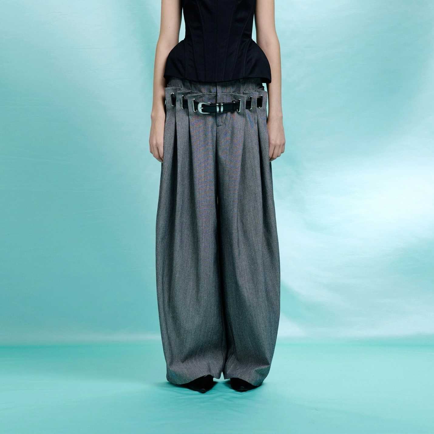 LEJE Belted Double-Waist Pleated Pants - Grey