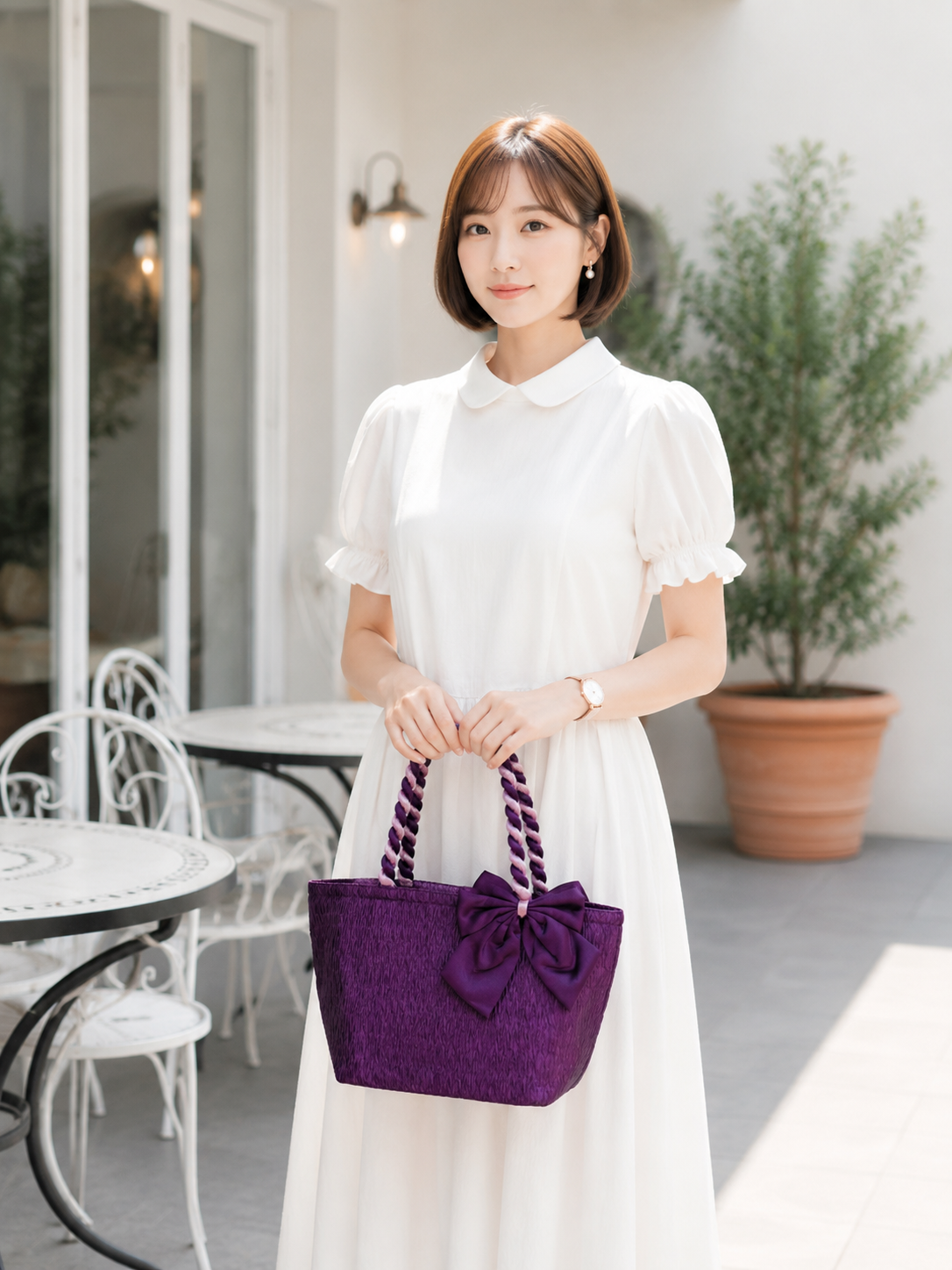 กระเป๋าผ้าซาตินอัดพลีท หูเกรียว สีม่วง โบว์ข้าง