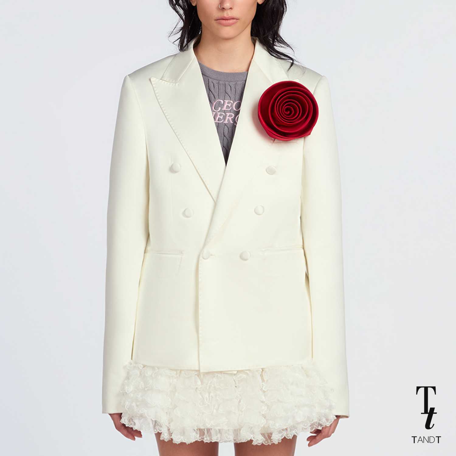 TandT - SHELTON WHITE BLAZER - ROSE HAND-CRAFTED PIN DOUBLE-BREASTED SATIN BLAZER