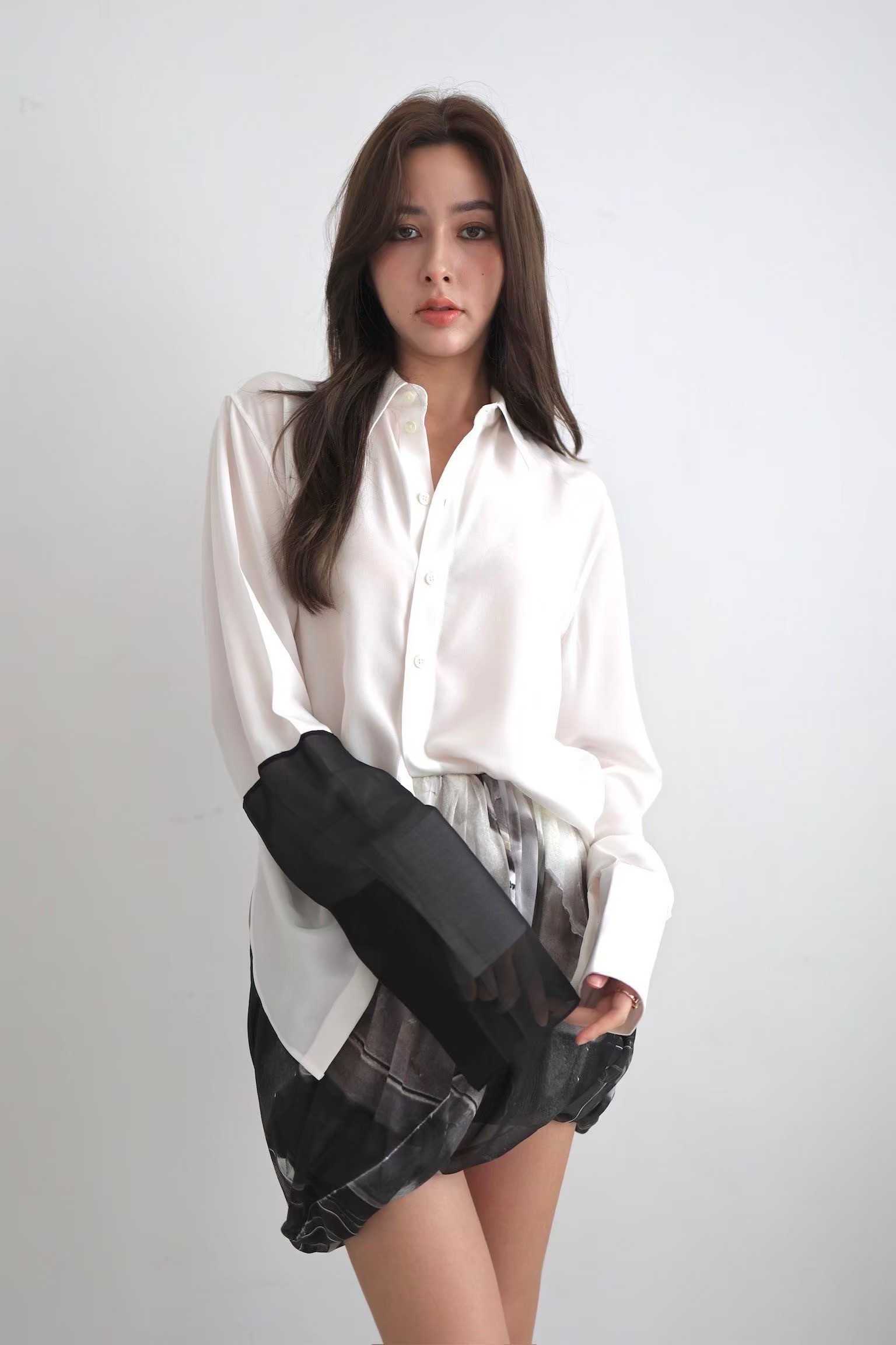 SALE Helmut Lang RELAXED SILK SHIRT - WHITE/BLACK