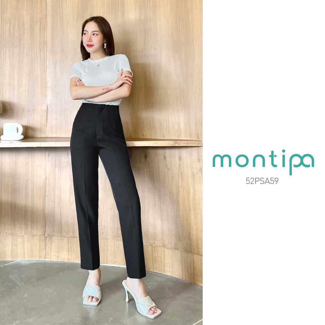 Montipa กางเกงแปดส่วนทรงสอบ ซิปหน้า ขอบเอวในตัว ดีเทลตีเกล็ดยาวด้านหน้า เนื้อผ้า Iron Free 52PSA59