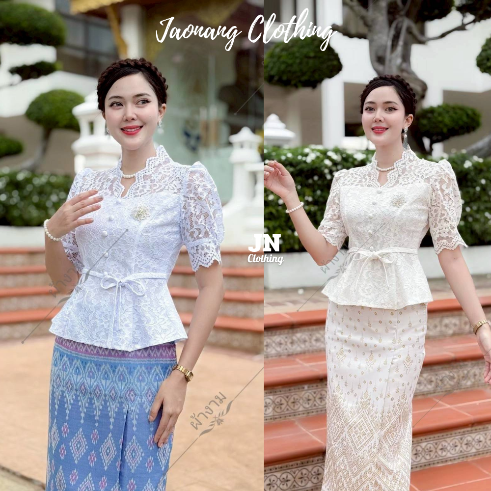 เสื้อลูกไม้ แขนสั้น คอวี กระดุมหน้า ชายย้วย ผูกโบว์เอว น่ารักๆ งานเข้ารูปทรงพรางหุ่น ใส่ได้ทุกโอกาส