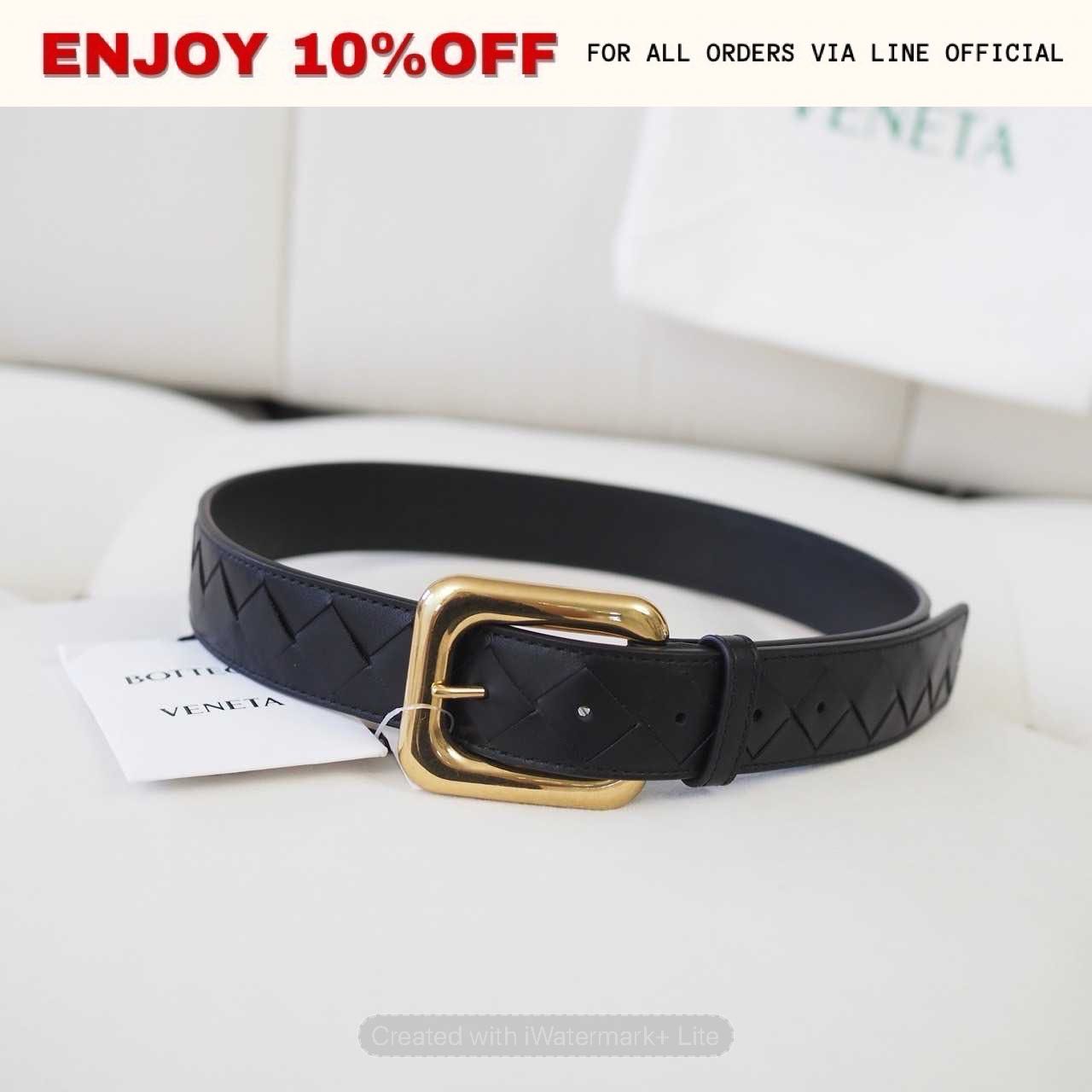 NEW! BOTTEGA VENETA Intrecciato Leather Belt  สี Black GHW | ACC