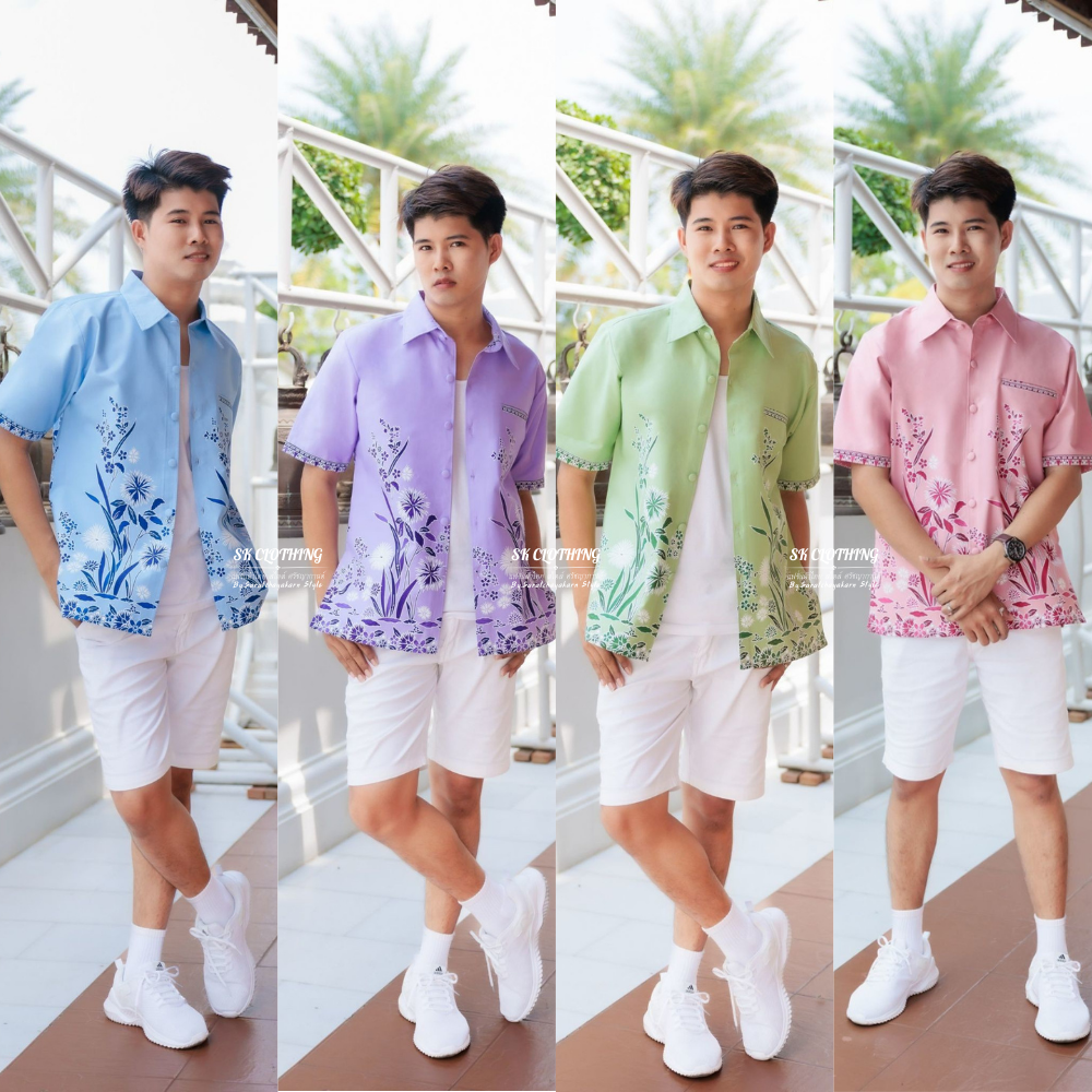 เสื้อเชิ้ต ลายปาเต๊ะ สีพาสเทล คอปก กระดุมปั๊ม แขนสั้น กระเป๋าหน้า เท่มาก