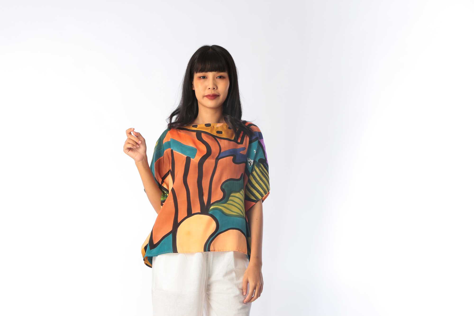 (Pre-Order)Poncho Cotton Rayon Blouse Hand paint For Summer Beach Vacation small Size