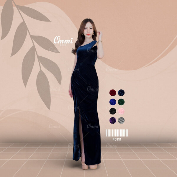Ommishop ชุดราตรี 4011K ไหล่เดี่ยวสายคู่โซ่ กำมะหยี่ เดรสออกงาน ชุดงานแต่ง เพื่อนเจ้าสาว
