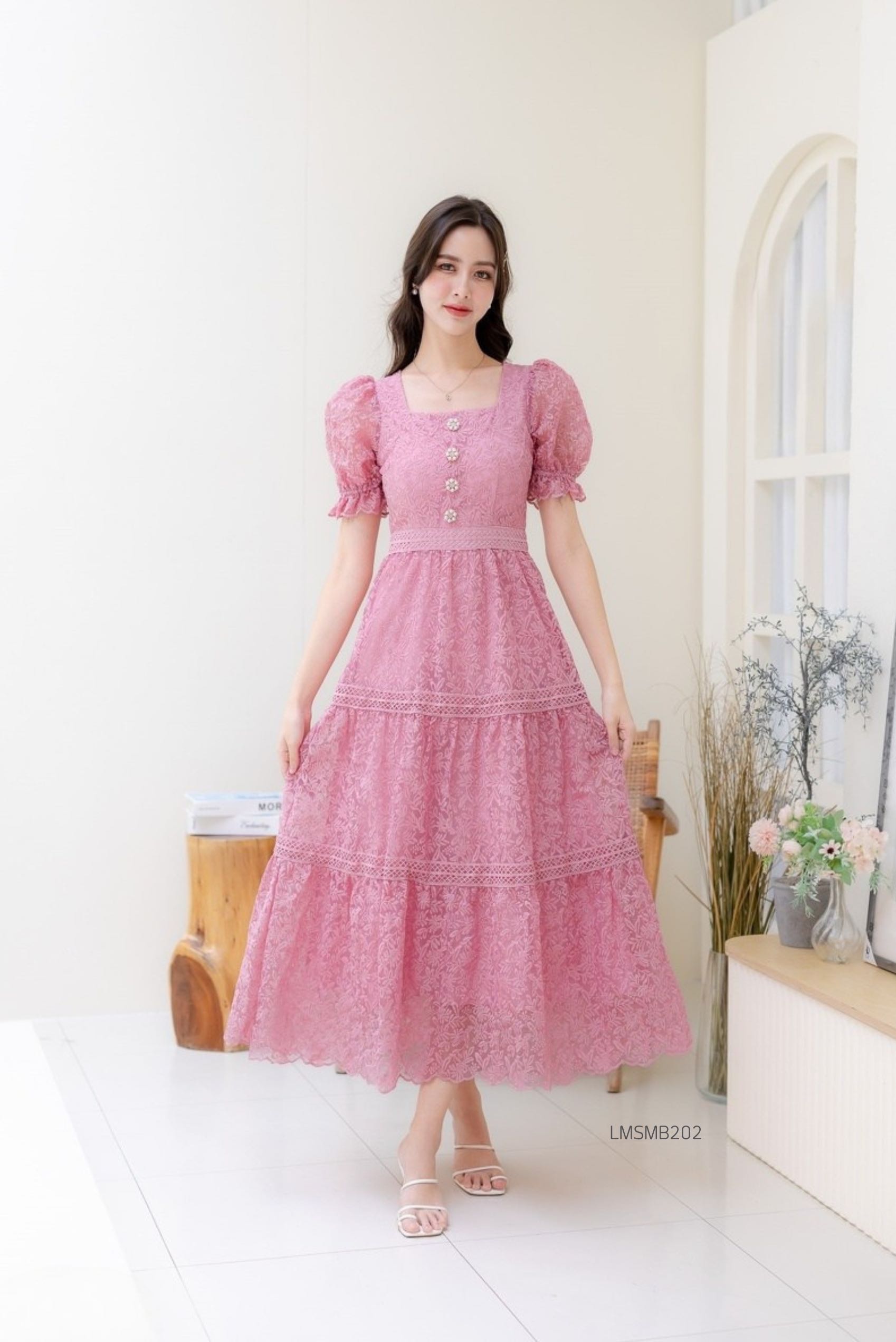 S-2XL เดรสลูกไม้ยาว LMSMB202