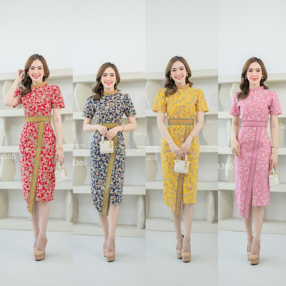 ชุดปาเต๊ะ ชุดเดรสผ้า cotton พิมพ์ลายปาเต๊ะ สิงคโปรแอร์ไลน์ คอจีน ผ่าหน้า ยาว 42 นิ้ว อัดกาวทั้งชุด