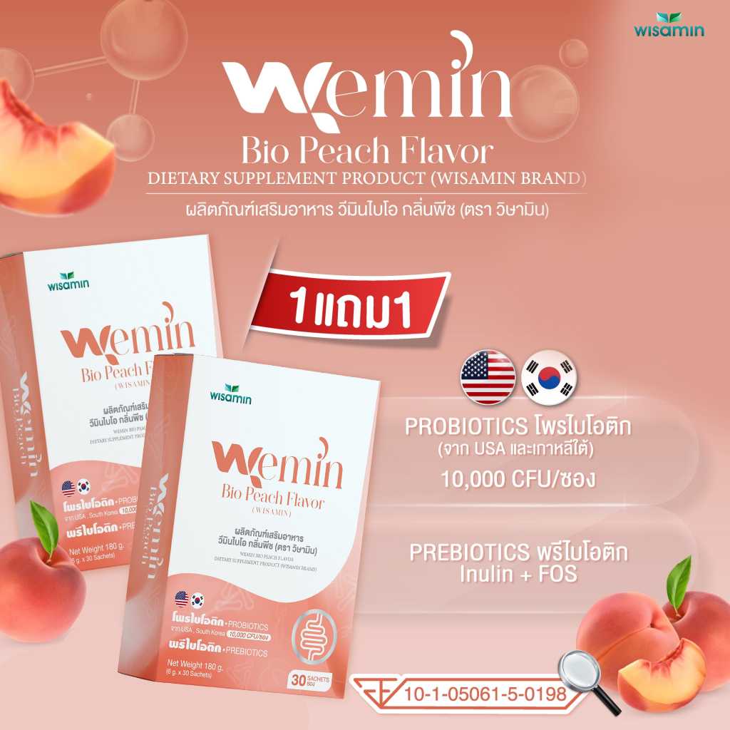ซื้อ 1 แถม 1 (WEMIN BIO วีมินไบโอ กลิ่นพีช) พรีไบโอติก โพรไบโอติก (ตรา วิษามิน) จำนวน 2 กล่อง 60 ซอง