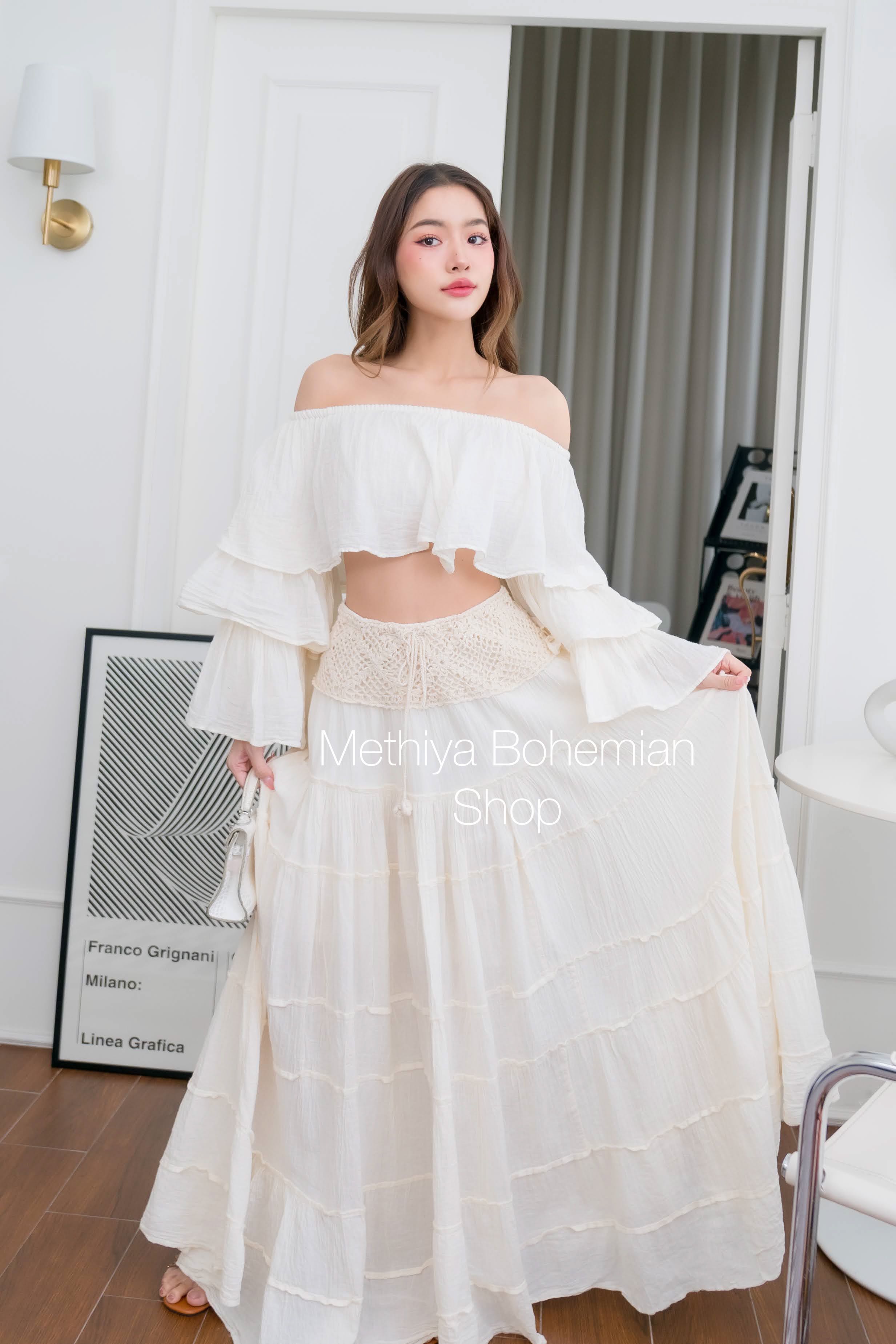 SK- RC001 กระโปรงยาวผ้าดิบ โบฮีเมี่ยน กระโปรงใส่เที่ยวทะเล Boho Skirt, Beach Skirt, Holiday Skirt