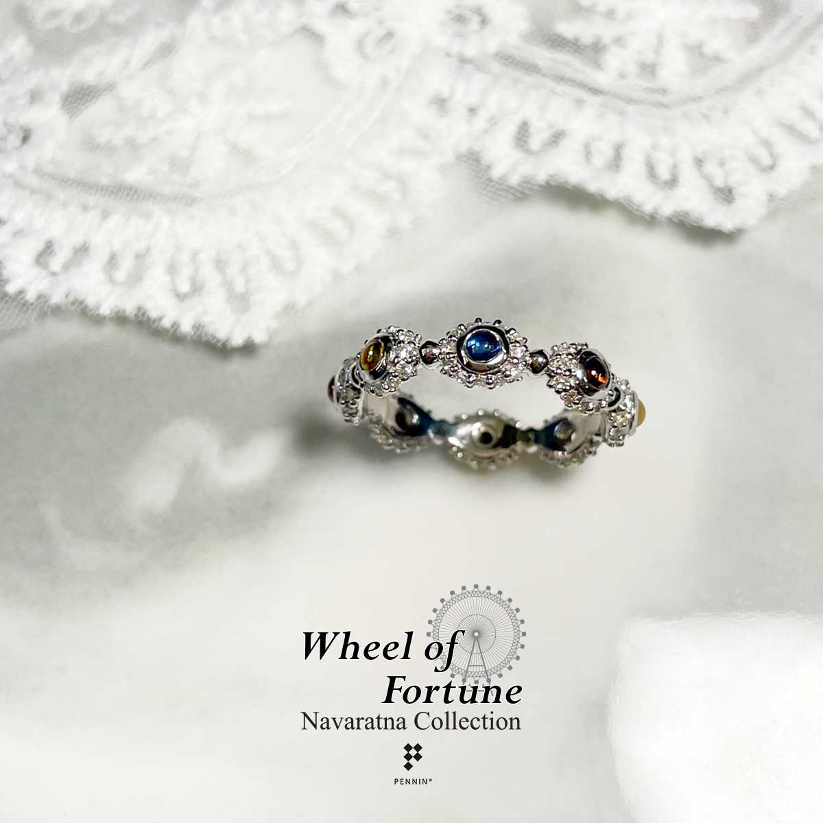 [SALE20%]RW83812W แหวนนพเก้า Wheel of Fortune III พลอยแท้ตามตำรา ล้อมเพชรรอบวง เงินชุบทองคำขาว