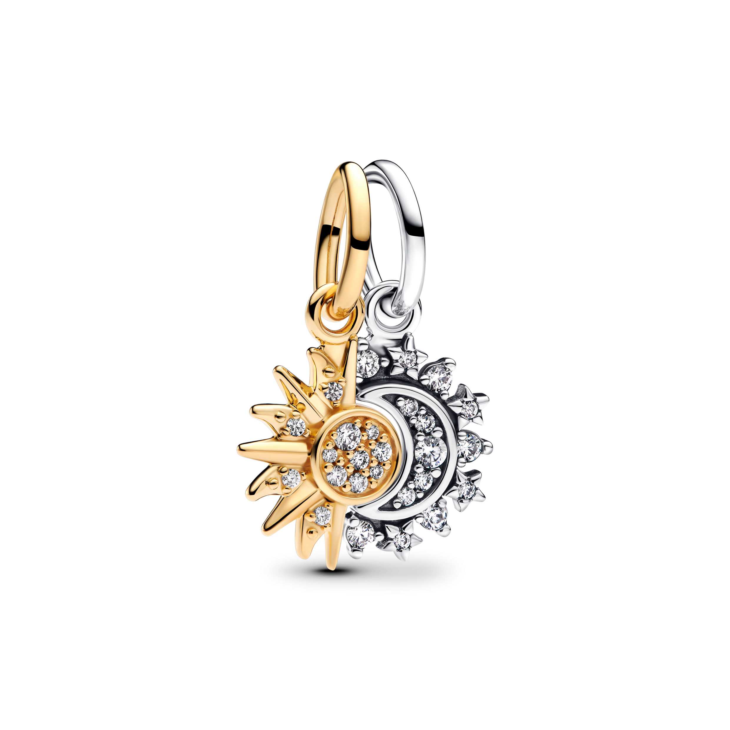 Sun and moon sterling silver splittable dangle with clear cubic zirconia