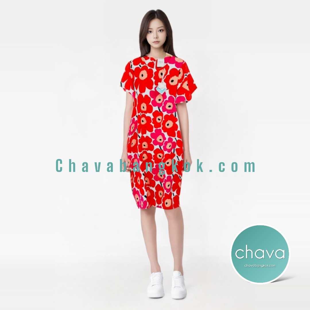 NEW!! Maxi Dress เดรสยาว สีแดง คอกลม ลายดอกไม้มาลิเมกโกะ กระดุมหลัง กระเป๋า 2 ข้าง