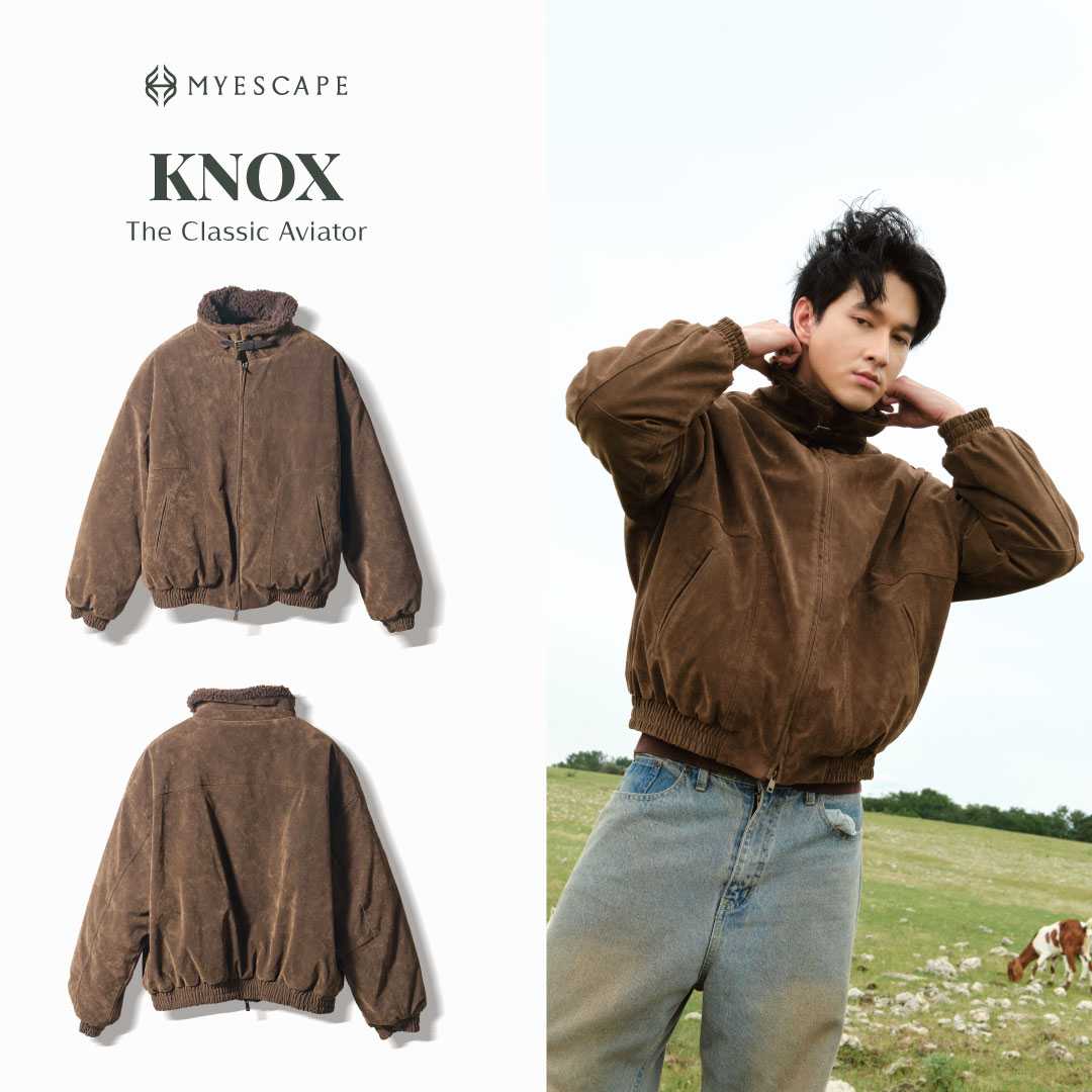 MYESCAPE KNOX Aviator Jacket เสื้อแจ็กเก็ตหนังทรงนักบิน ปกขนแกะเทียม แจ็กเก็ตกันหนาว Unisex สีน้ำตาล